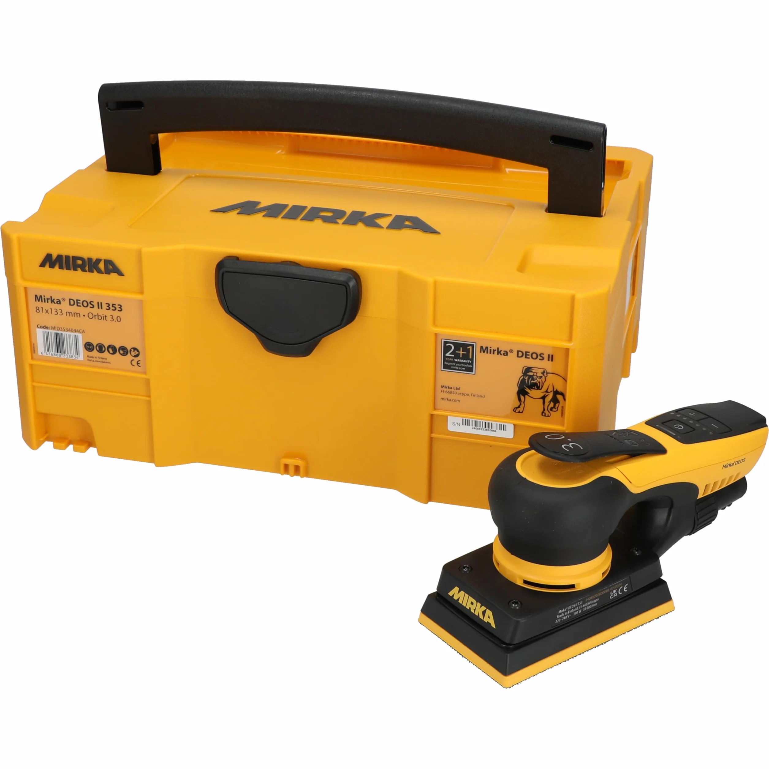 Mirka DEOS II 353 szlifierka oscylacyjna w walizce 81x133mm 300 W nisko wibracyjna, do bezpyłowego szlifowania drewna, płyt gipsowo-kartonowych i metalu z papierem ściernym na rzep / MID3534044CA