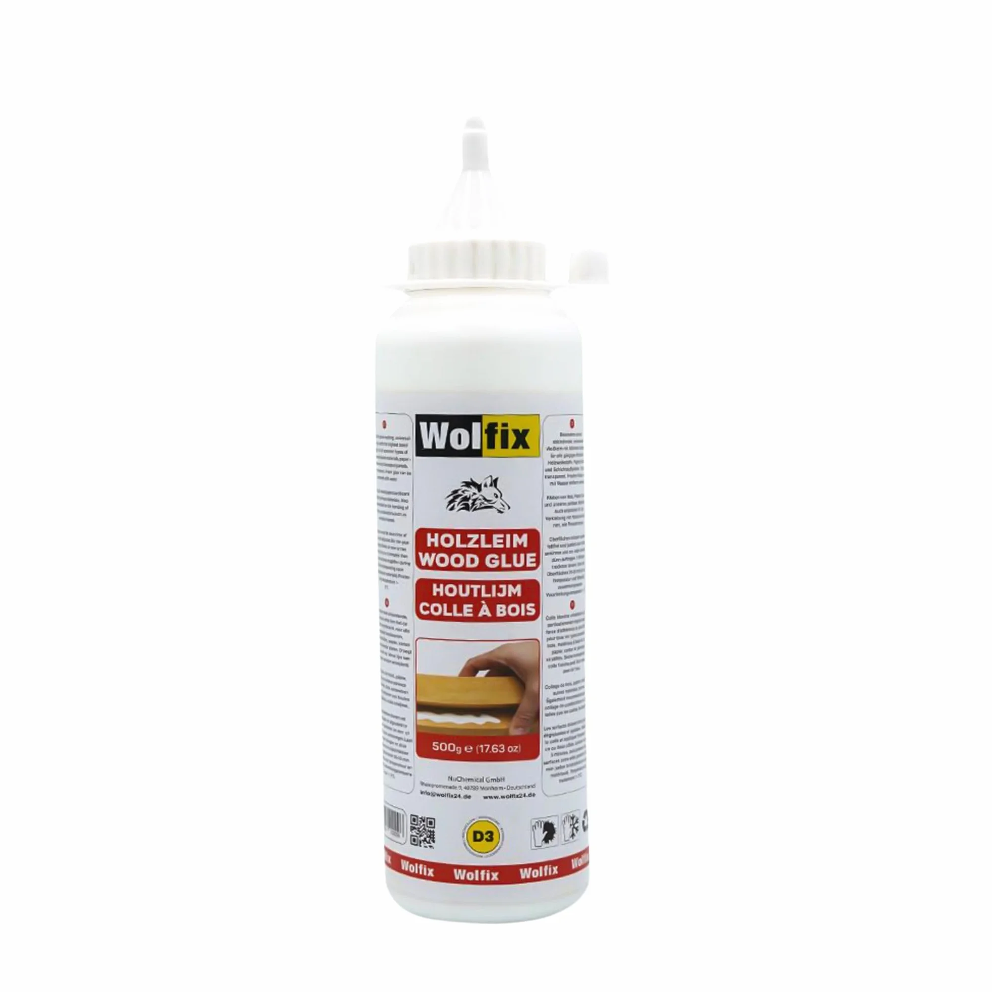 Wolfix Klej do drewna, 500 g, D3 PVA PVAc, wodoodporny klej do drewna, uniwersalny klej do wszystkich gatunków drewna