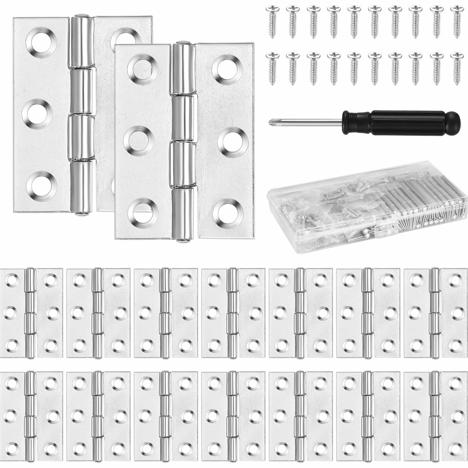 22 szt. Zawiasy do drzwi, 44mm x 31mm Składane zawiasy ze stali nierdzewnej, Zawiasy fortepianowe, Małe zawiasy ze stali nierdzewnej do drewnianych drzwi, okien, szaf, mebli, z 132 szt. śrub