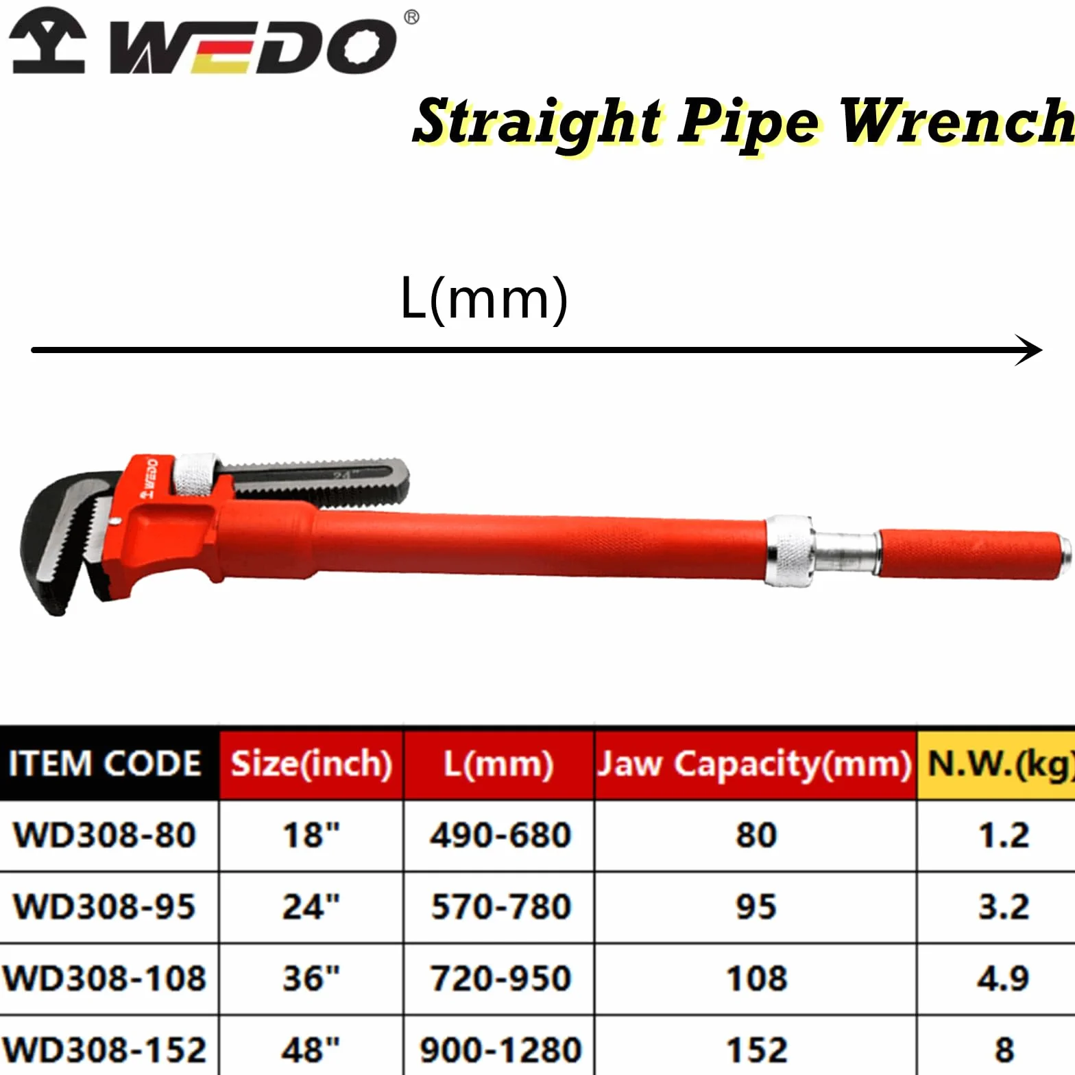 WEDO Klucz do rur, 61 cm klucz do rur o dużej wytrzymałości, regulowany klucz hydrauliczny z wysuwanym uchwytem, regulowany prosty klucz do rur, pojemność szczęk 95 mm