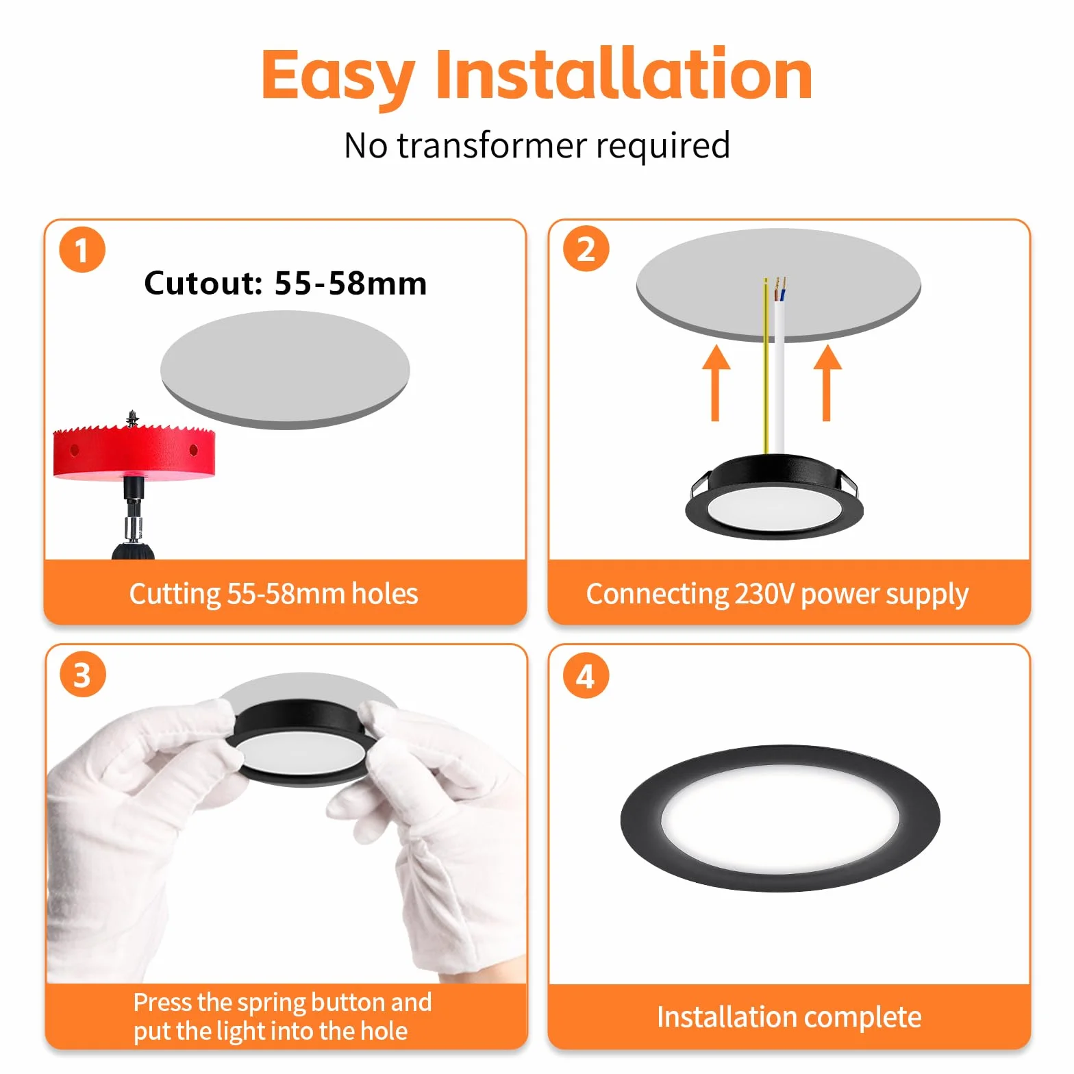 YindaLux Zestaw 6 reflektorów LED do zabudowy, 230 V, 3 W, 3000 K, ciepła biel, reflektor LED, ultra płaski, 300 lm, otwór 55-58 mm i 15 mm, płaski, IP44 lampa do zabudowy meblowej LED do szafki z