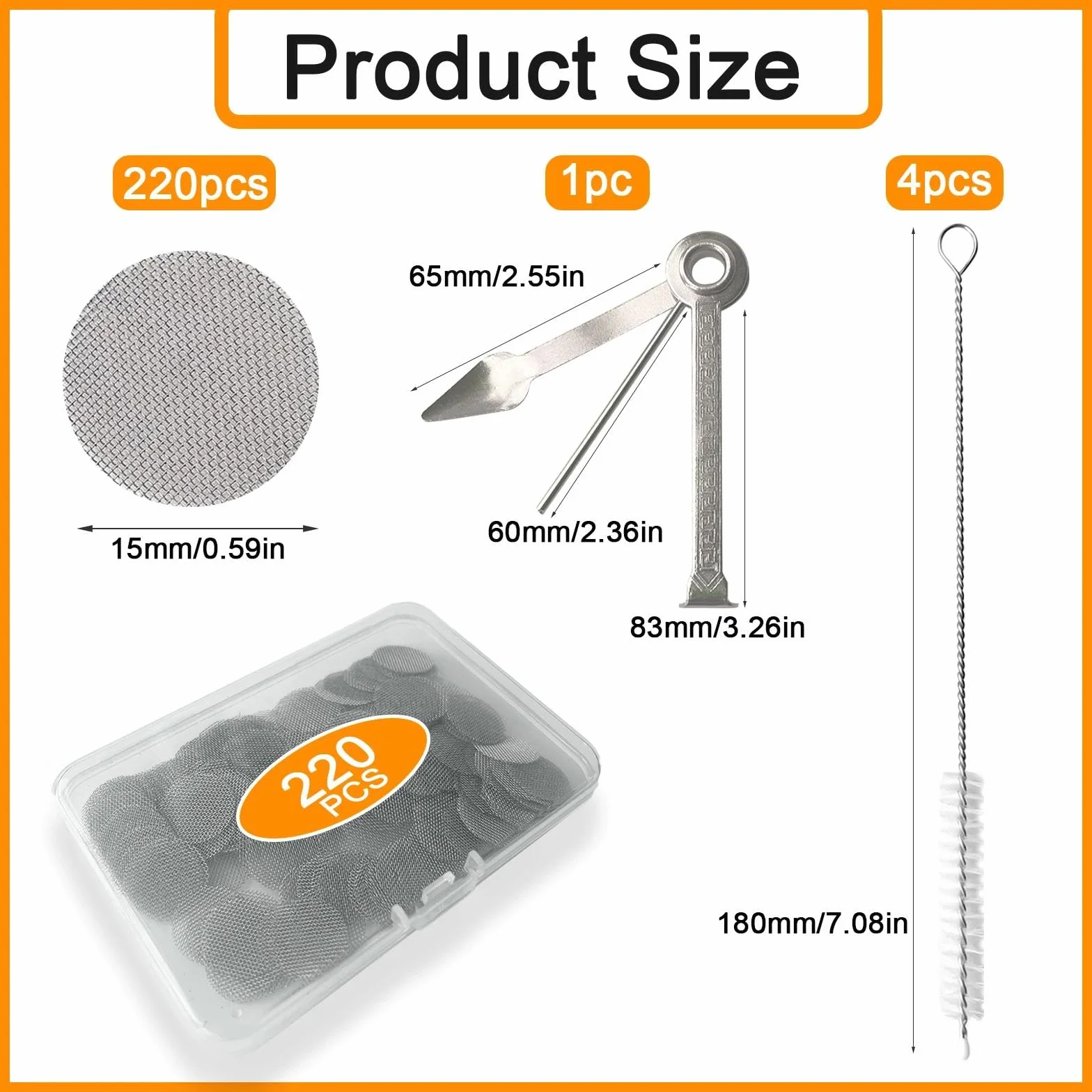 220 sztuk sitka do fajki 15 mm, stal nierdzewna, filtr dymu, fajka metalowa, sitko wkładane grube, z pudełkiem do przechowywania, skrobak do fajek 3 w 1 i 4 czyściki do fajek