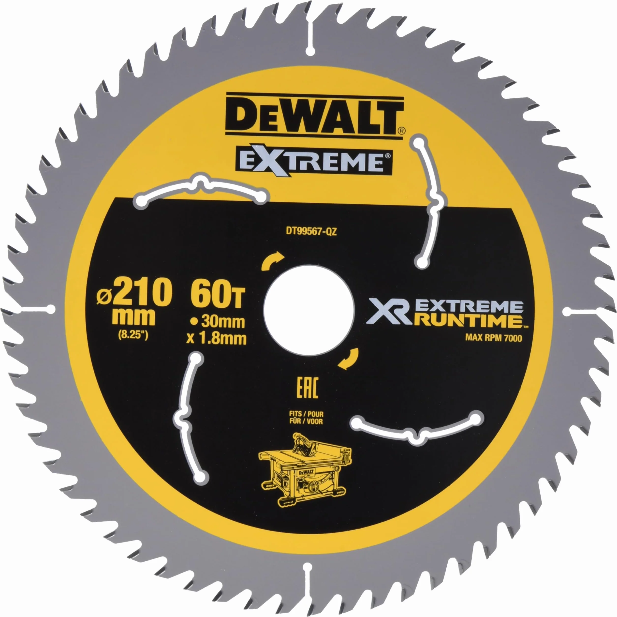 Dewalt XR Extreme Runtime brzeszczot do piły tarczowej DT99567 (210/30 mm, 60 WZ/FZ, 20°, do bardzo drobnych cięć, do stosowania na piłach stacjonarnych (akumulator), do drewna z gwoździami), 1 sztuka