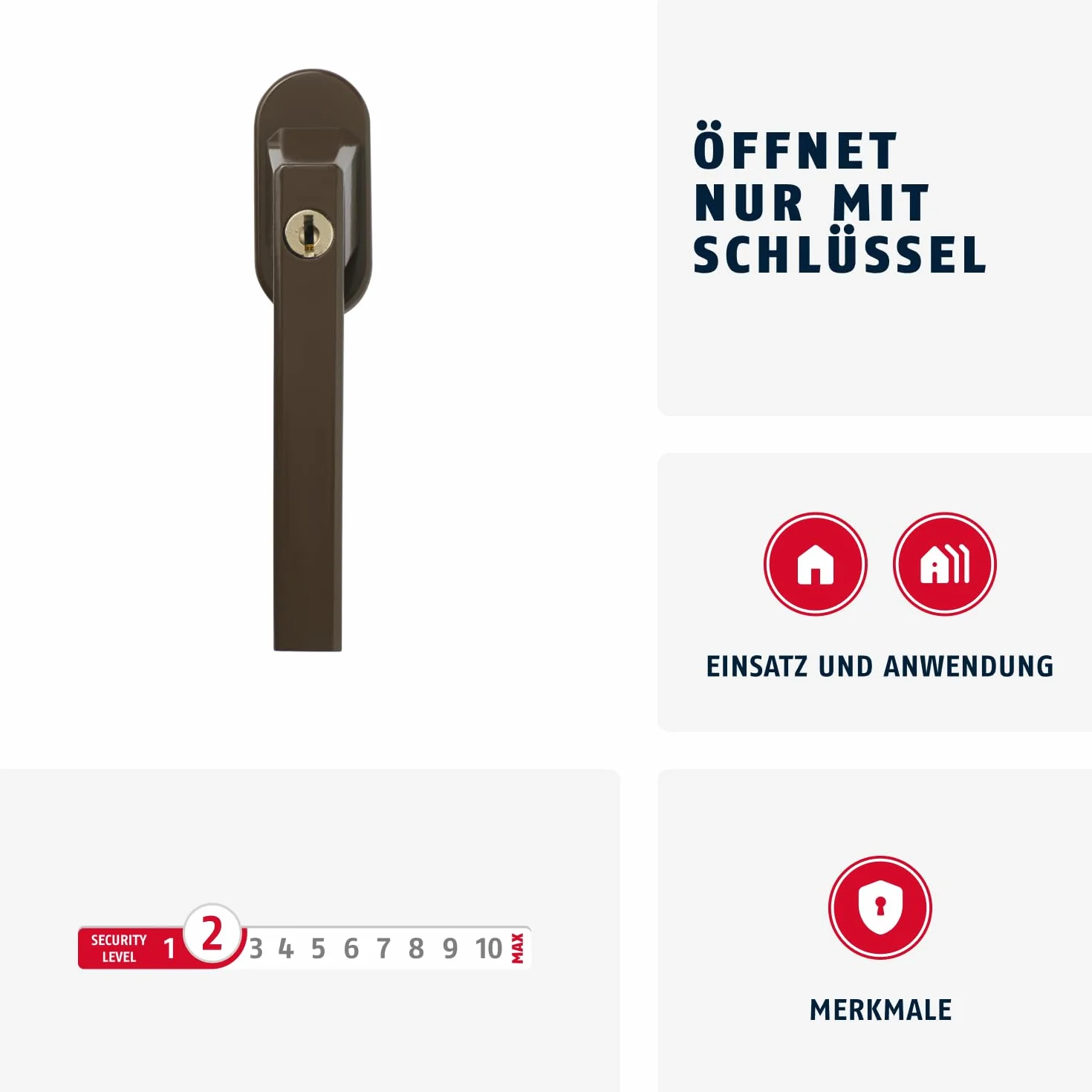 ABUS Zamykana klamka okienna FG110 - gałka okienna z cylindrem ciśnieniowym, równocześnie zamykająca - poziom bezpieczeństwa ABS 2-59222 - brązowy