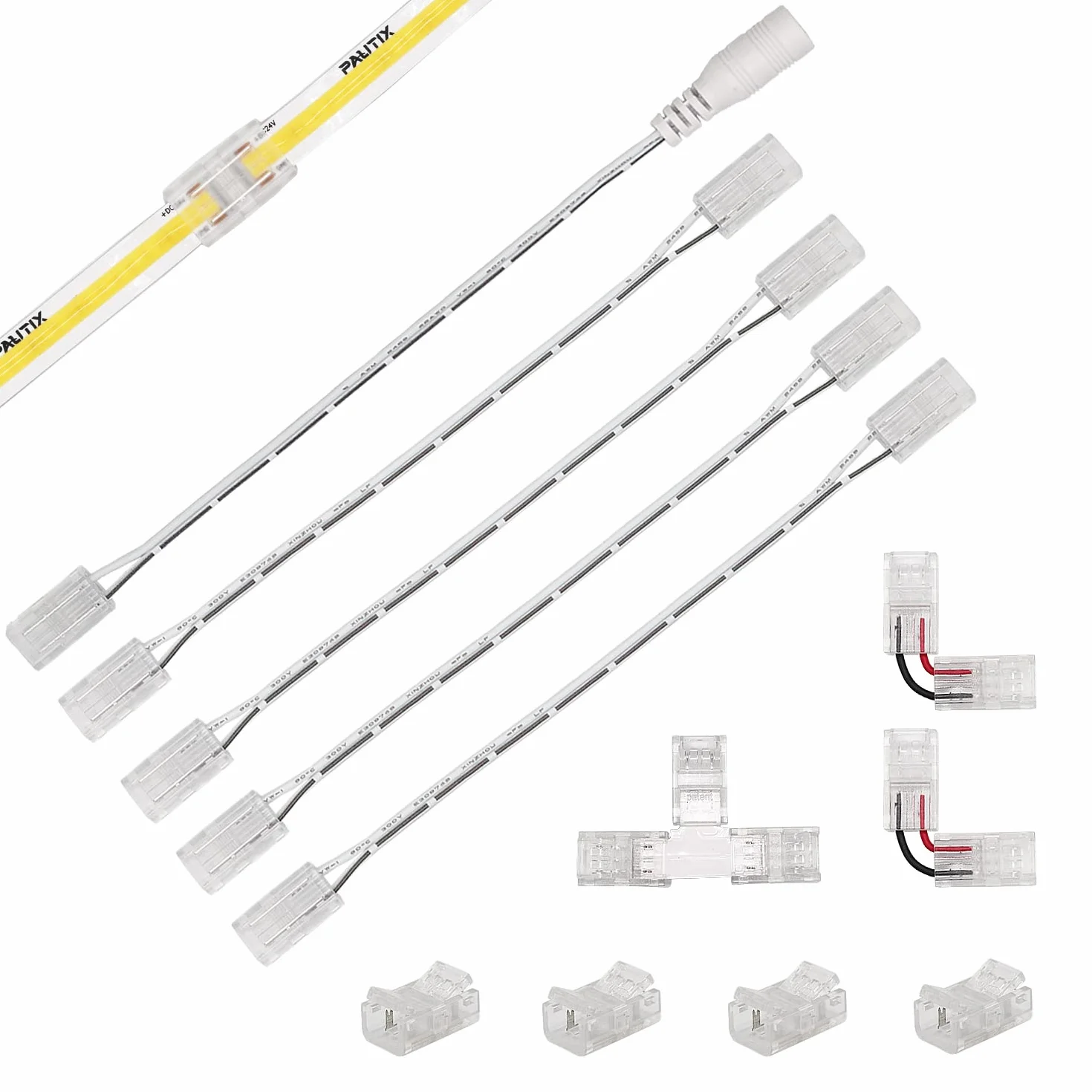 Zestaw złączy do Taśm LED COB do pasków COB o szerokości 8mm 2pin,4 sztuki złączy środkowych,2 szt w kształcie litery L, 1 szt w kształcie litery T i 4 szt dwustronnych przedłużaczy 15cm z 1 szt DC