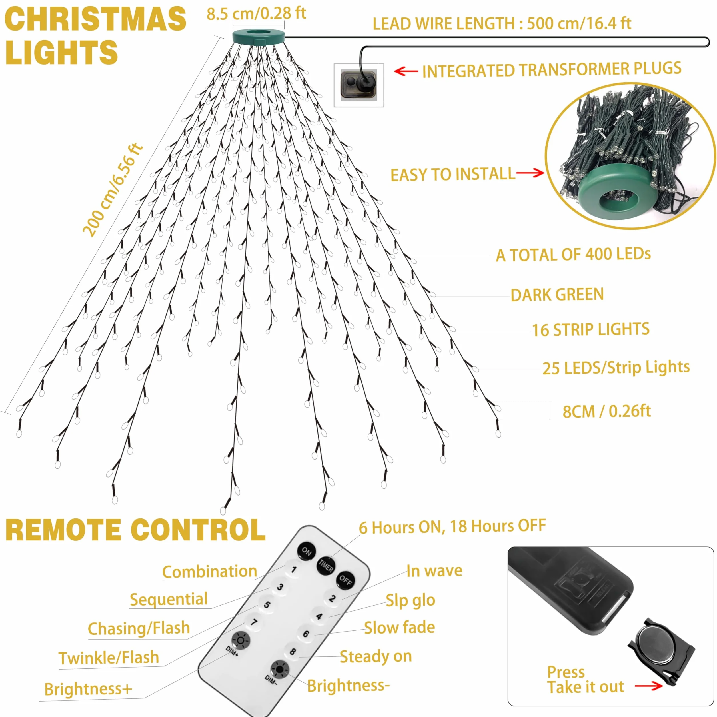 Kedoxi Lampki Choinkowe LED 400 diod z Timerem 8 Trybów Kurtyna Świąteczna 6,6FT