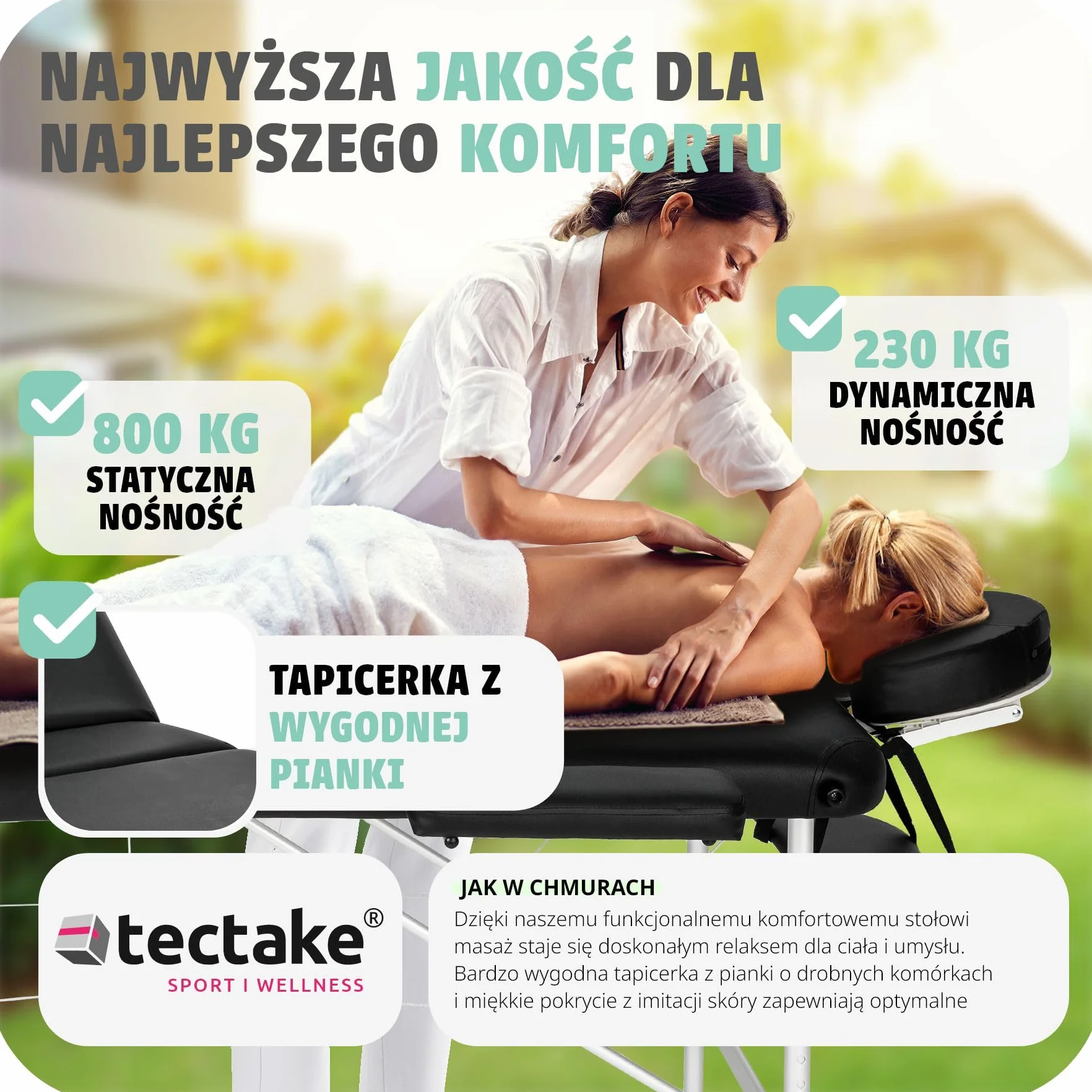 Tectake Przenośny Stół do Masażu Składany Aluminiowa Konstrukcja 230 kg Czarny