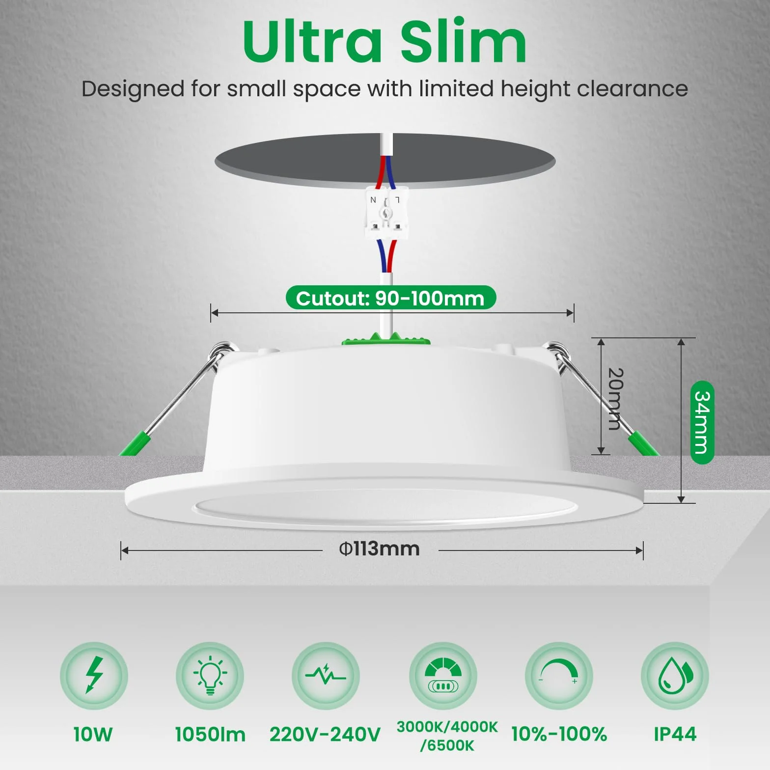 ALUSSO LIGHTING Reflektor punktowy LED do zabudowy, 230 V, możliwość ściemniania, 10 W, 1050 lm, wysoka jasność, ciepła biel, neutralna biel, zimna biel, ultra płaska lampa sufitowa IP44, do łazienki