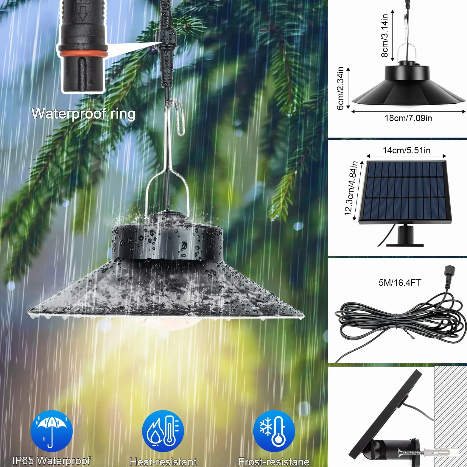AGOTD Zewnętrzna lampa słoneczna, lampa wisząca solarna z pilotem zdalnego sterowania, 3 kolory, kabel 5 m, 6 jasność, IP65 wodoodporny, oświetlenie ogrodowe balkon podjazd