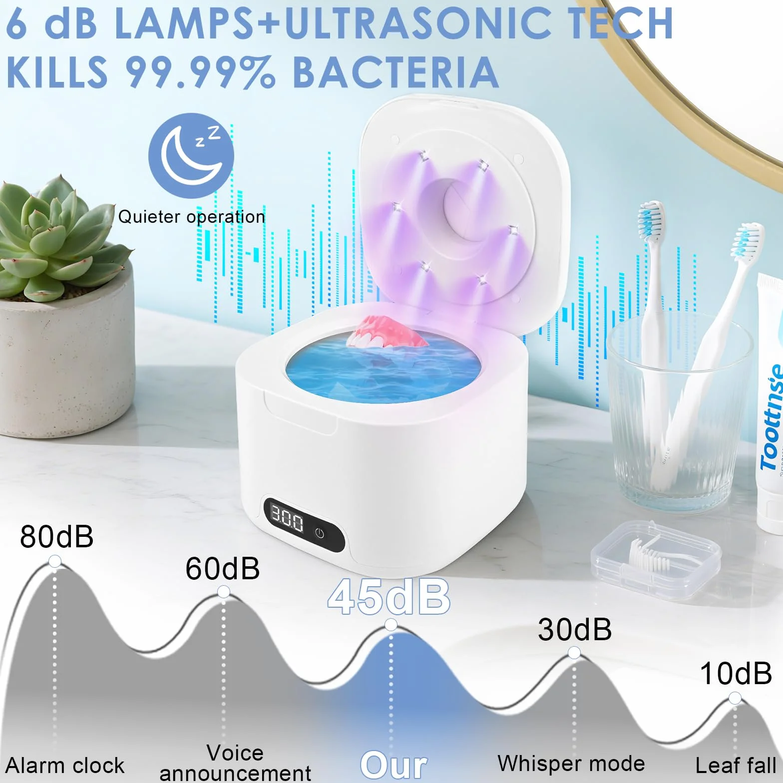 Ultrasonic Cleaner Dental Pod, 50 000 Hz z 6 lampami UV i 340 ml, wysoka moc 40 W, do protez, biżuterii, protez, korektorów, kolor biały
