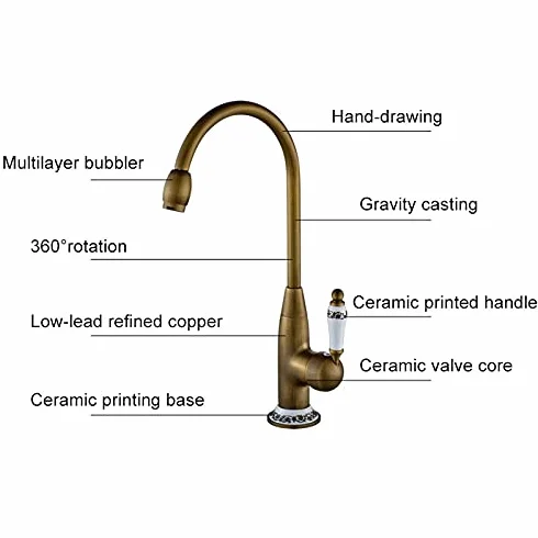 Faucet Bateria zlewozmywakowa do baru komercyjnego, baterie kuchenne, kran z mieszaczem z antycznego brązu z ceramicznym dźwigiem, kran zlewozmywakowy na zimno i na gorąco, miksery wody Faucet