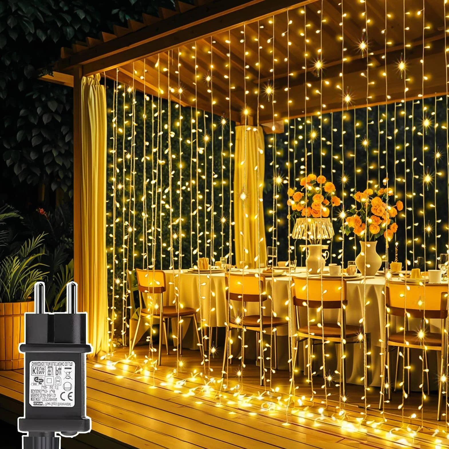 Joycome Kurtyna świetlna na zewnątrz, 3 m x 3 m, 300 diod LED, zasłona z wtyczką, 8 trybów, wodoszczelny, łańcuch świetlny, do pokoju, na balkon, imprezę, do namiotu, na wesele, do użytku na zewnątrz