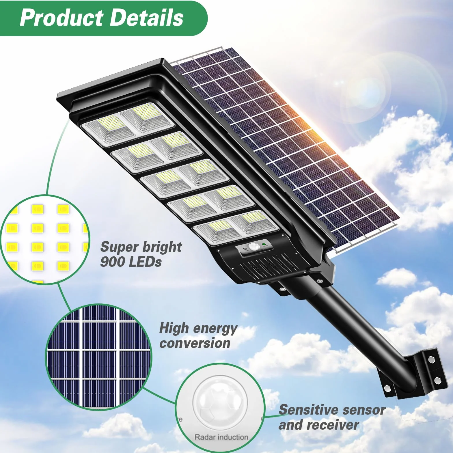 Papasbox 500W Solarne Światło Uliczne LED z Pilotem 6500K Czujnik Ruchu Zewnętrzne