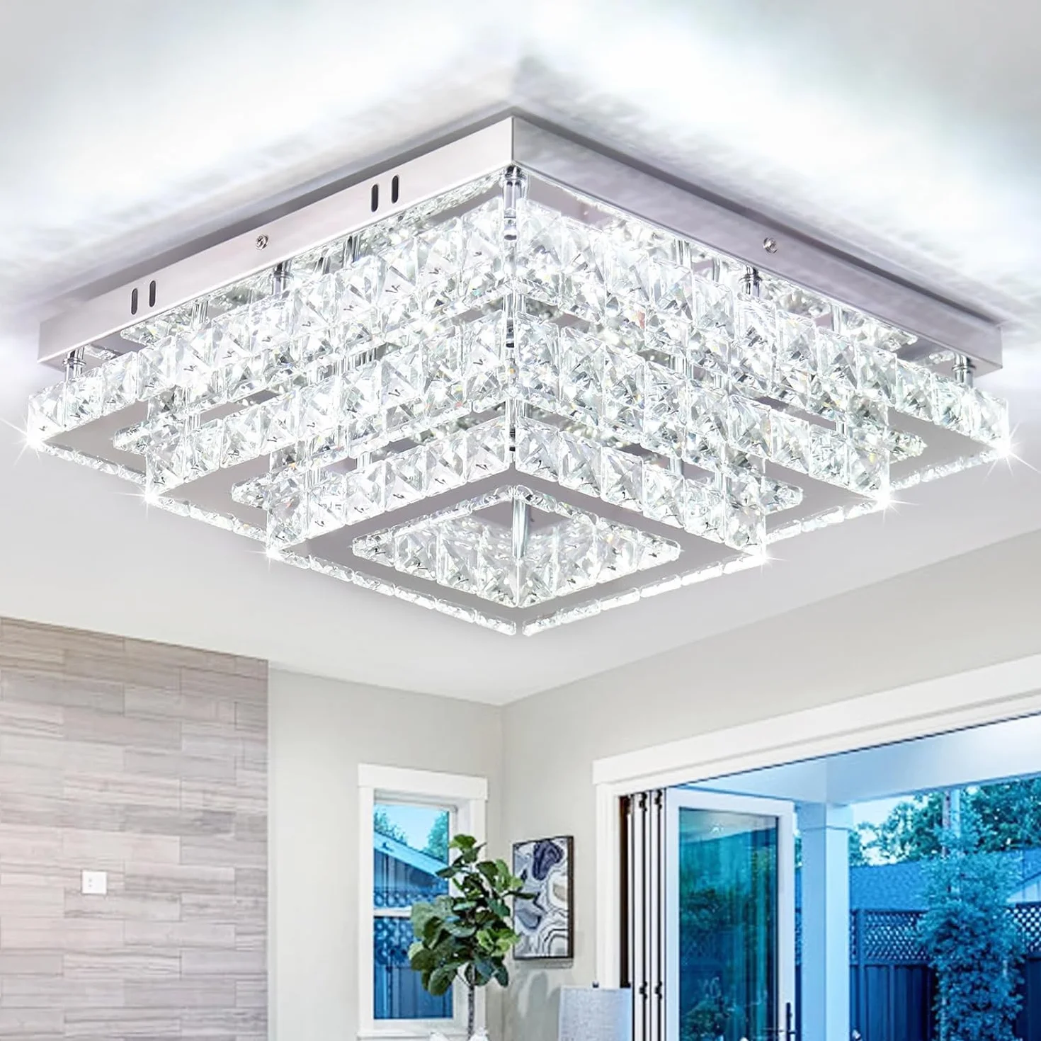 Fintonglan Kwadratowa szklana lampa sufitowa LED 38 cm, 3 poziomy pół-wpuszczane 61 W 6500 K zimna biel, nowoczesna lampa sufitowa do salonu, sypialni i jadalni