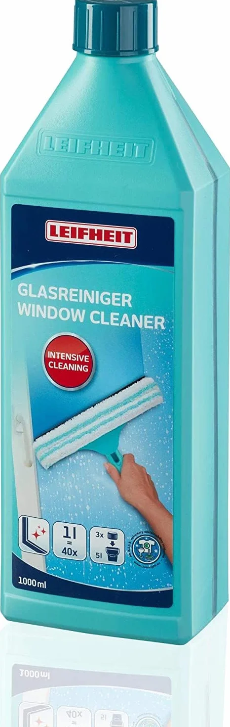 Leifheit Środek do czyszczenia szyb 1000 ml do czyszczenia szyb bez smug, koncentrat do czyszczenia szyb z zabezpieczeniem przed dziećmi, koncentrat do czyszczenia okien z błyszczącym alkoholem