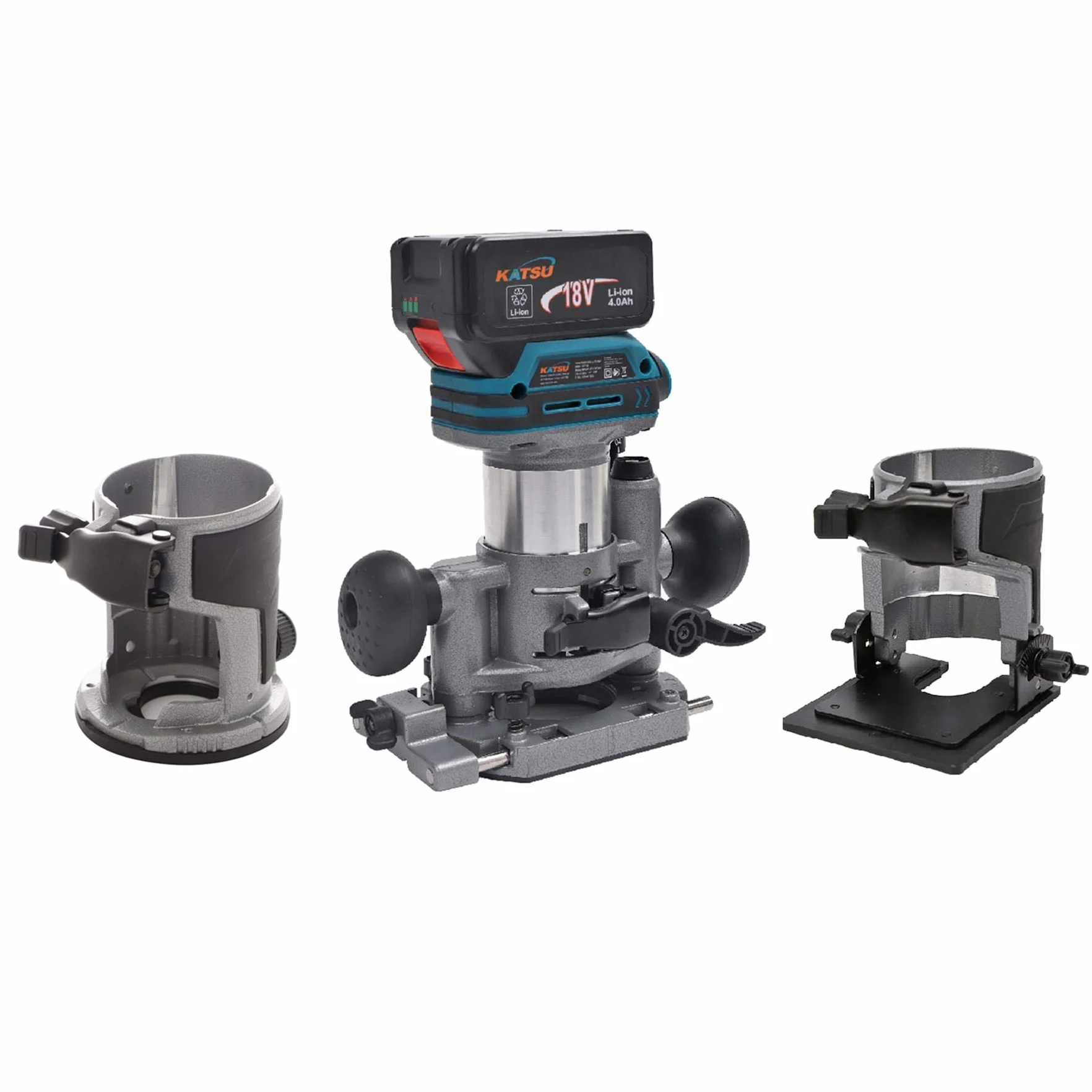 KATSU frezarka górnowrzecionowa, zestaw frezów krawędziowych, 18 V, z 3 podstawami + 3 zaciskami, 6 mm, 8 mm i 10 mm + bateria 4,0 Ah i ładowarką