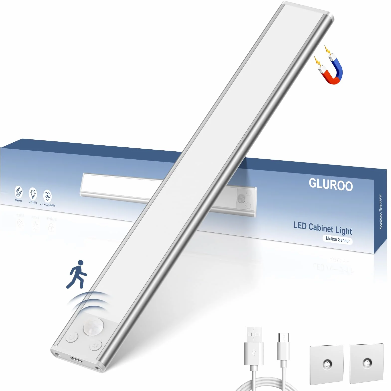 GLUROO Oświetlenie szafki LED z czujnikiem ruchu 30CM, 3 kolory przyciemniane oświetlenie szafki, akumulator USB C, oświetlenie pod szafką kuchenną do szafy, schody