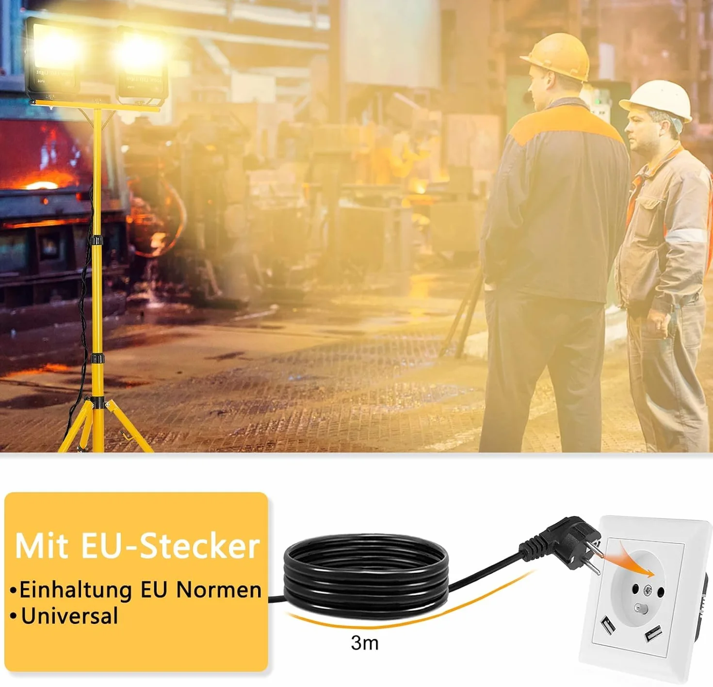 FIVMEN Reflektor budowlany 2 x 100 W, 8500 lm, lampa robocza z regulowanym statywem i wtyczką kabla 3 m, lampa budowlana, reflektor roboczy, wodoszczelny IP66, do garażu, warsztatu, na plac budowy,