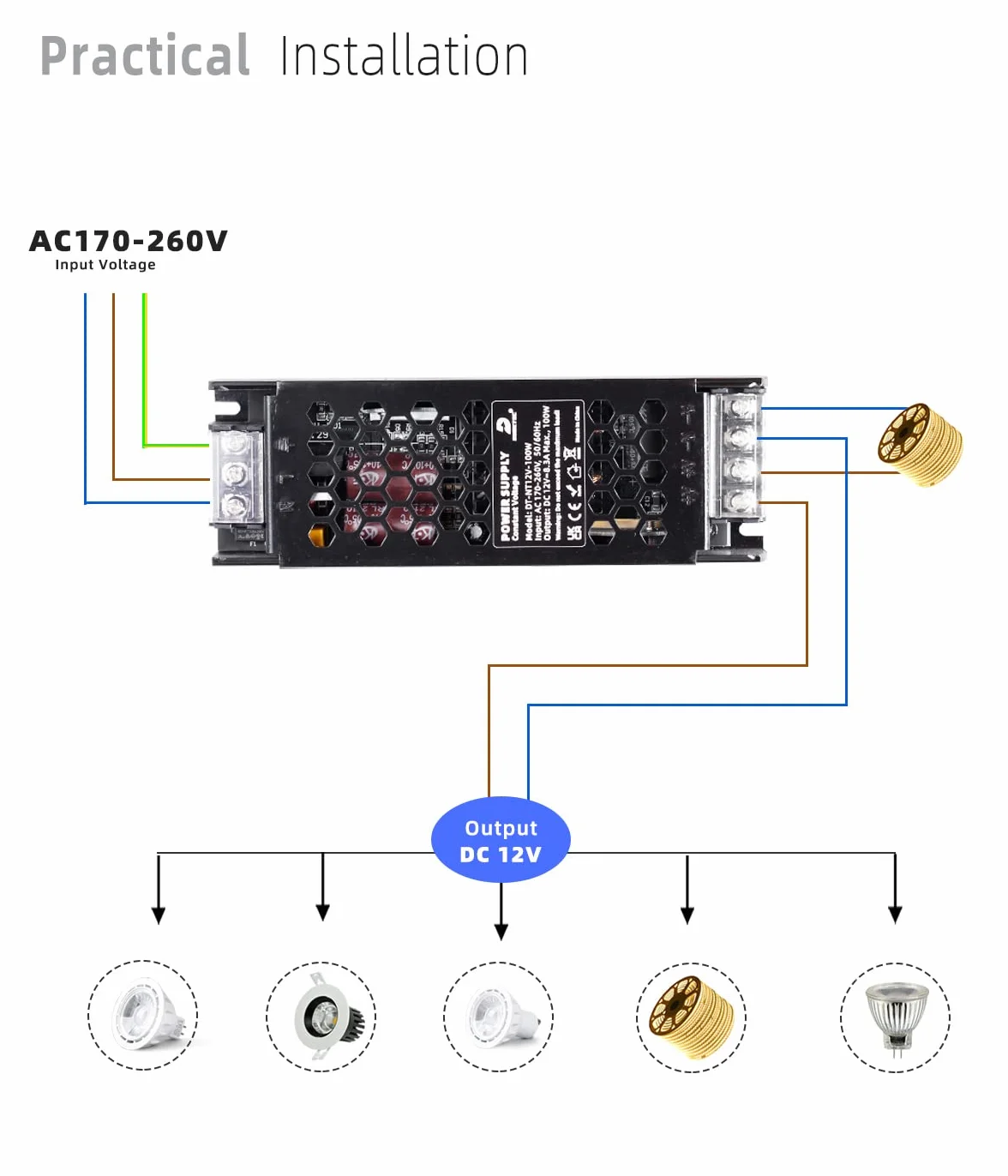 DUSKTEC Transformator LED 12 V sterownik 60 W, zasilacz kierowcy 5 A, zasilacz prądu stałego niskiego napięcia, konwerter 220 V AC na DC do taśm świetlnych LED MR16 G4 CCTV