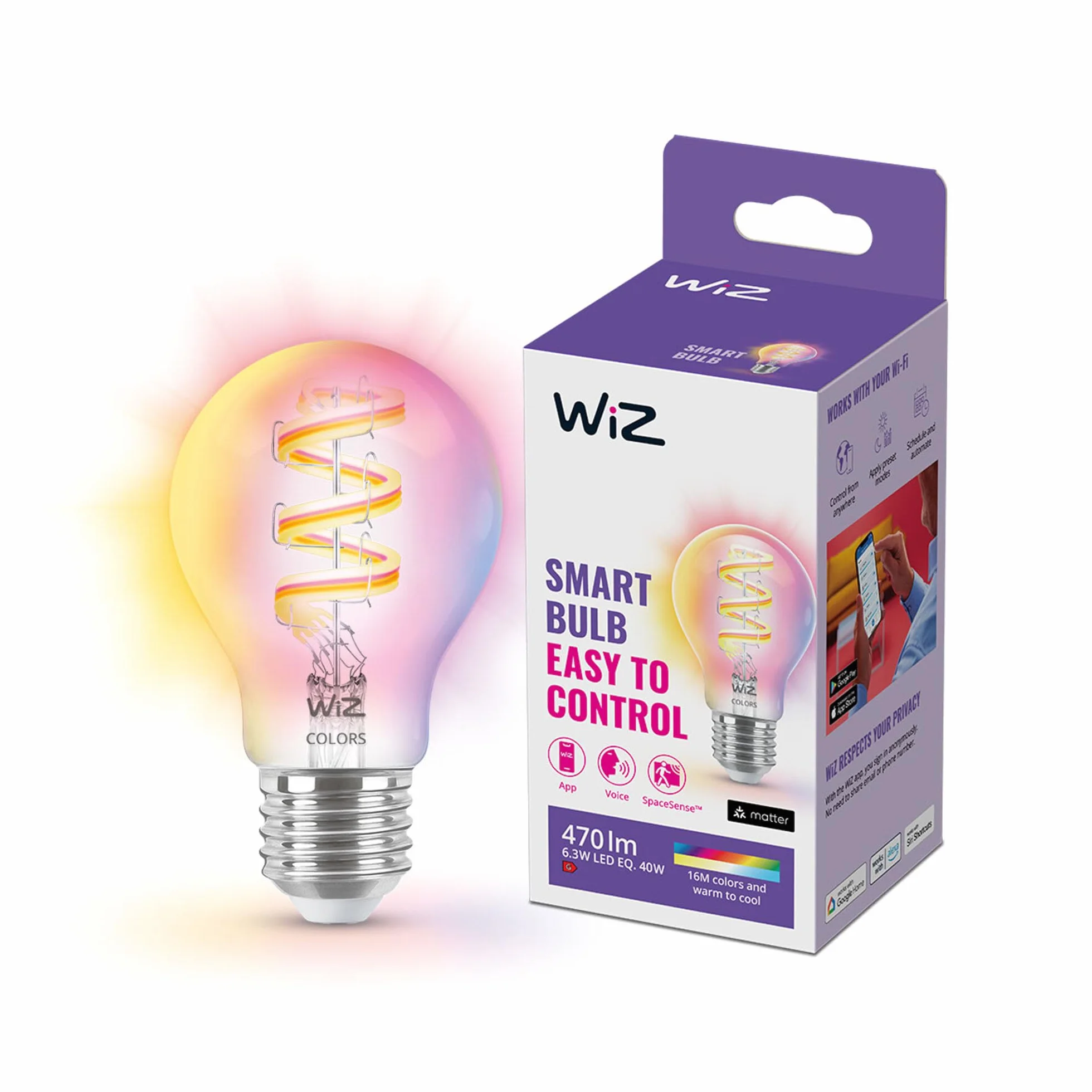 WiZ Tunable White and Color żarówka LED filament E27 (470 lm), lampa 40 W z 16 mln kolorów lub ciepłe lub zimne białe światło, inteligentne sterowanie światłem przez Wi-Fi za pomocą głosu/aplikacji