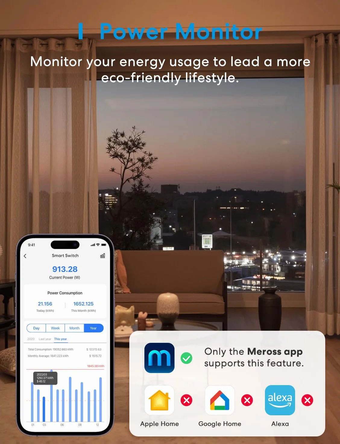 Meross Przełącznik Wi-Fi Matter, inteligentny przełącznik 16 A z pomiarem energii, inteligentny przełącznik modułowy kompatybilny z Apple Home, Alexa i Google Home, sterowanie głosowe