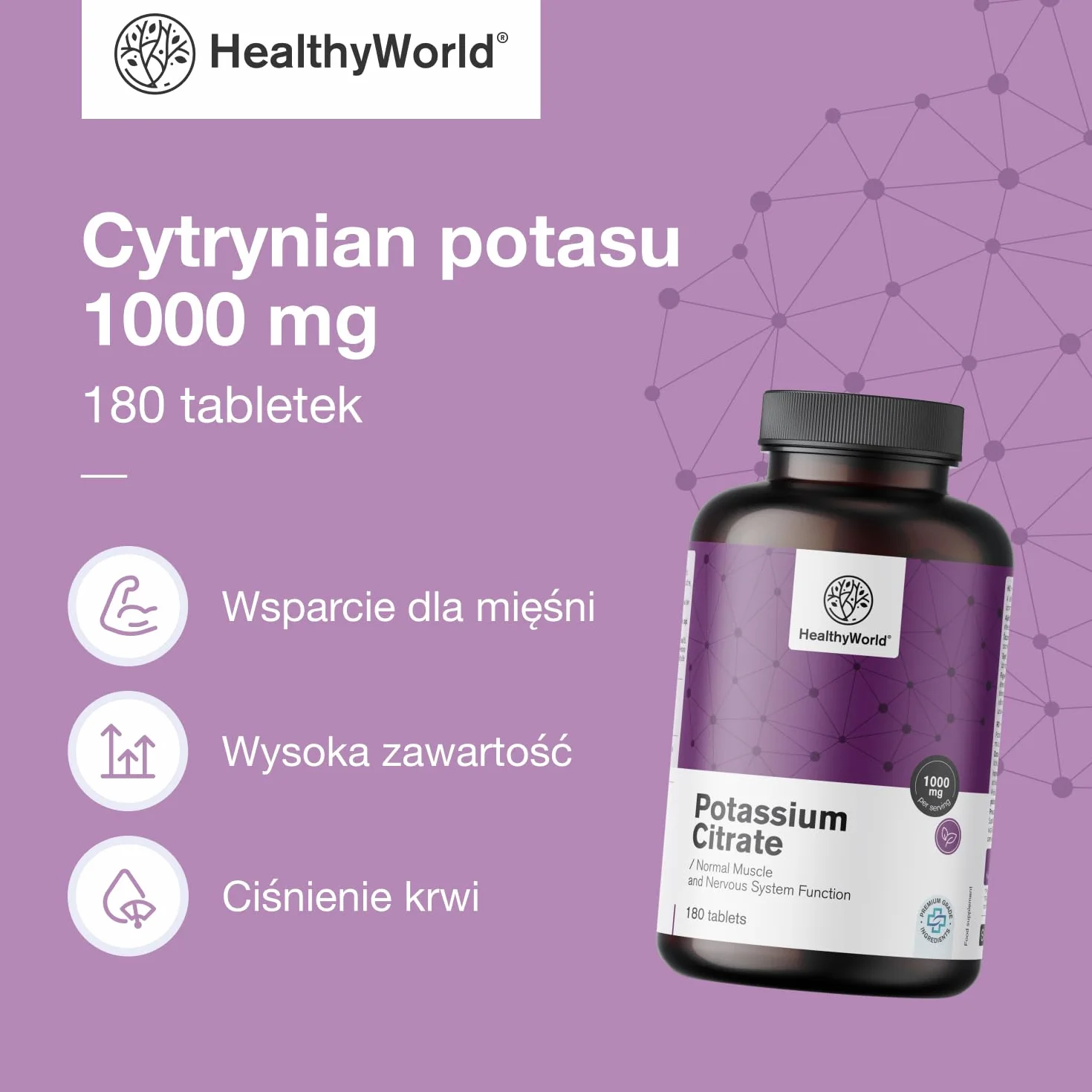 HealthyWorld Cytrynian potasu – 1000 mg w dziennej porcji – 180 tabletek – Optymalne stężenie – Wsparcie dla mięśni, układu nerwowego i ciśnienia krwi – Bez GMO – Zapas na 3 miesiące