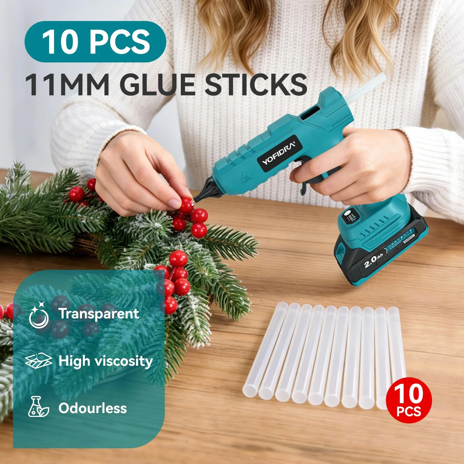 Yofidra Bezprzewodowa Pistolet do Kleju na Gorąco 100W - Pistolet do Kleju na Gorąco z 10 Laskami Kleju (11mm), 2 Baterie 2.0Ah i Ładowarka, Szybkie Nagrzewanie, Idealny do DIY, Napraw i Rękodzieła
