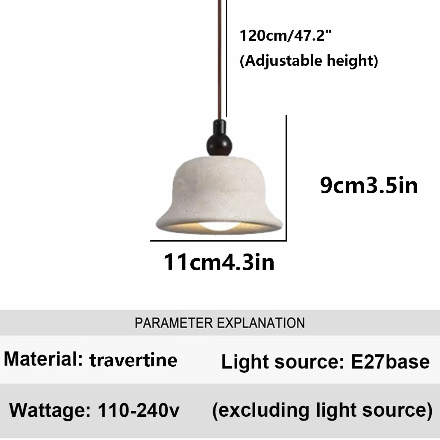 Lampa Wisząca Z Trawertynu Lampa Sufitowa 4,3 Cala Żyrandol Klosz Z Naturalnego Porowatego Trawertynu Gniazdo E27 W Stylu Mid Century Modern, Z Przewodem Do Baru, Kawiarni, Restauracji