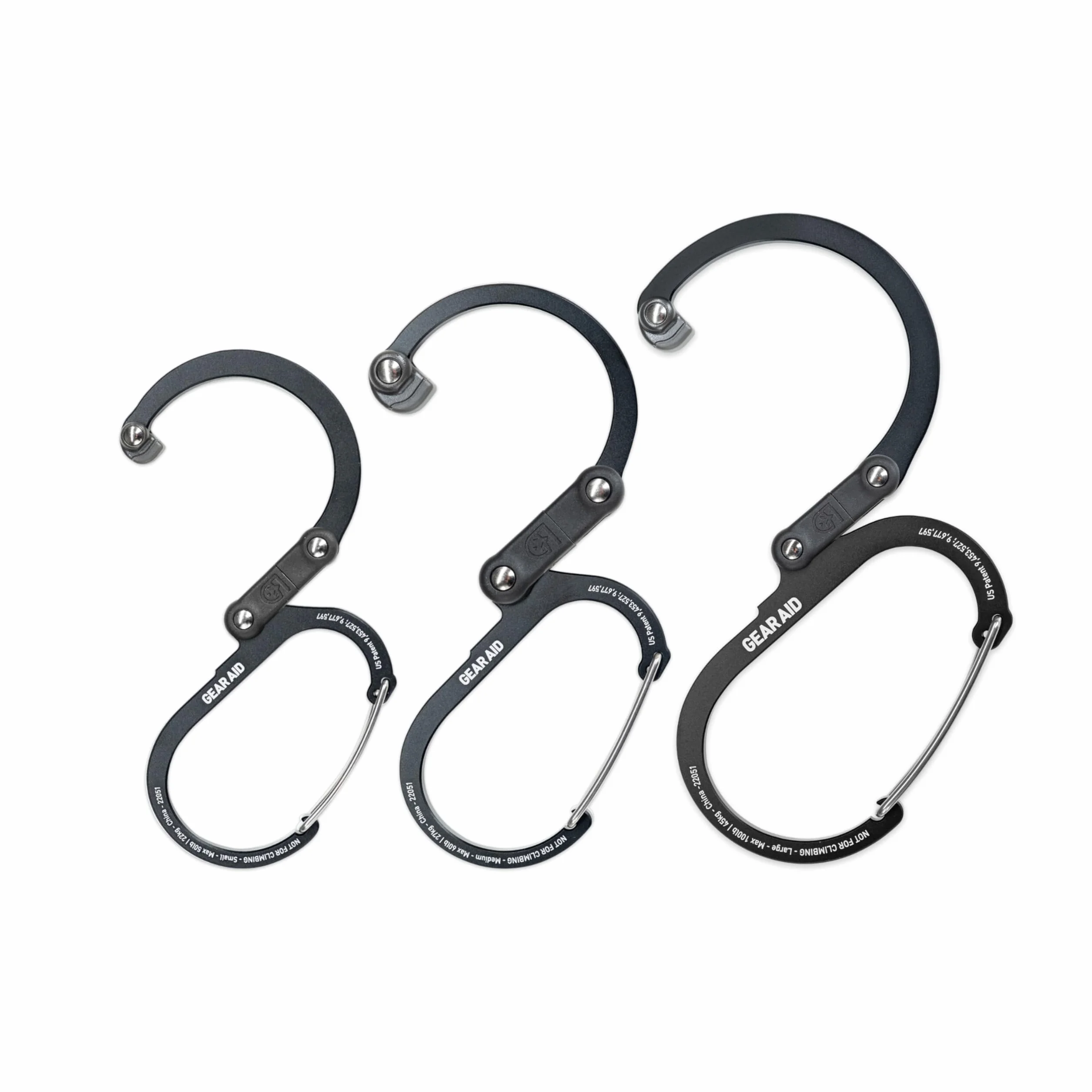 GEAR AID HEROCLIP karabińczyk i haczyk (duży, średni, mały) na kemping, plecak, walizkę, torebkę i do organizacji garażu, kolor czarny, różne rozmiary, 3 szt