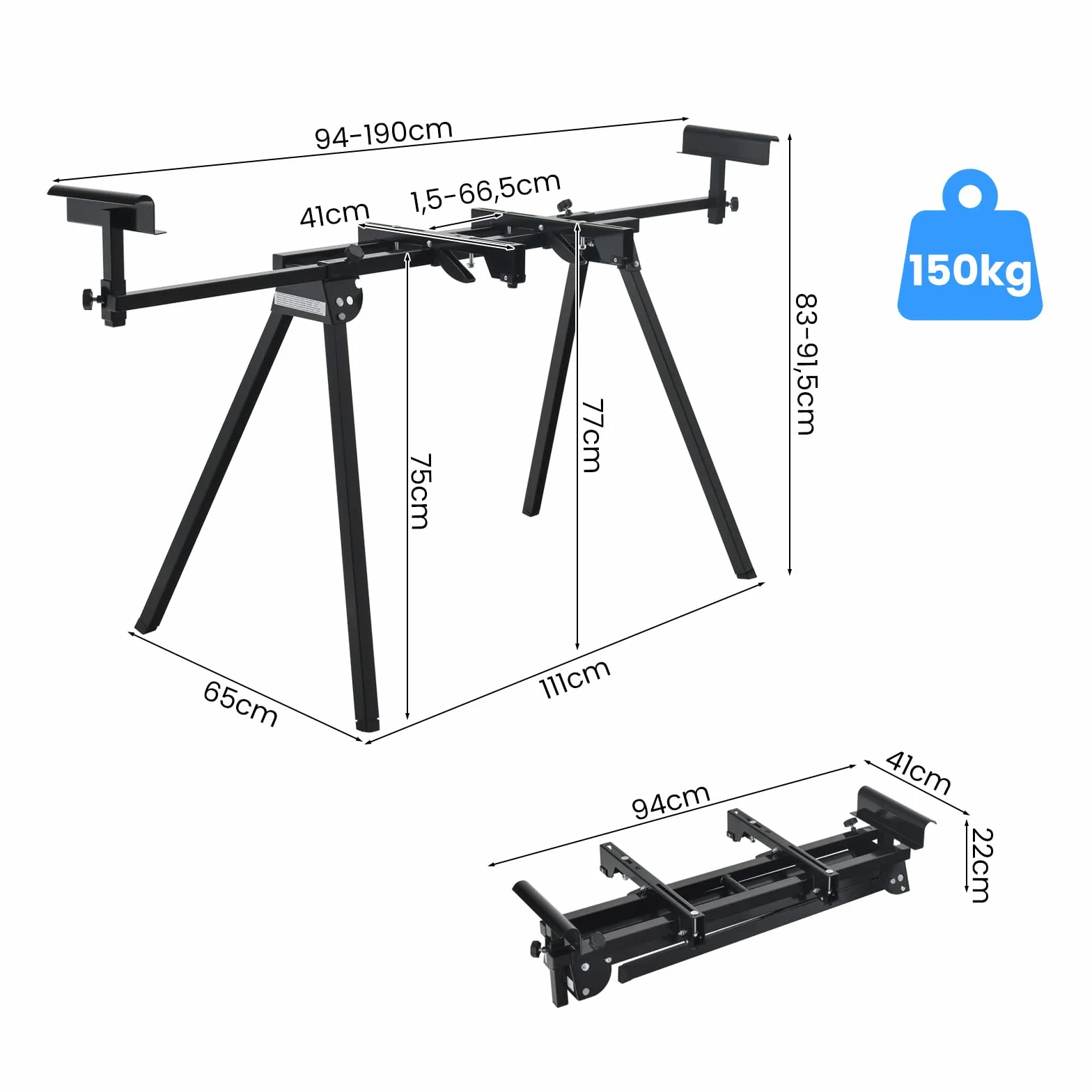 COSTWAY Stelaż do piły ukośnej, stół roboczy, mobilny, do 150 kg, regulacja wysokości 83-91,5 cm, wysuwany 94-190 cm, uniwersalny stojak do piły ukośnej, metalowy