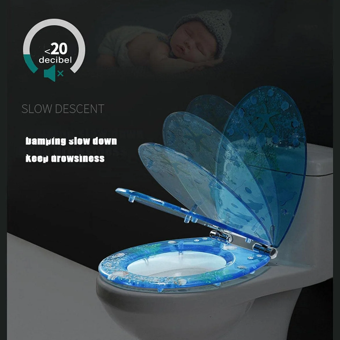 Deska sedesowa z żywicy z powoli zamykaną pokrywką, motyw oceanu, delfin i muszla 3D, do standardowych toalet