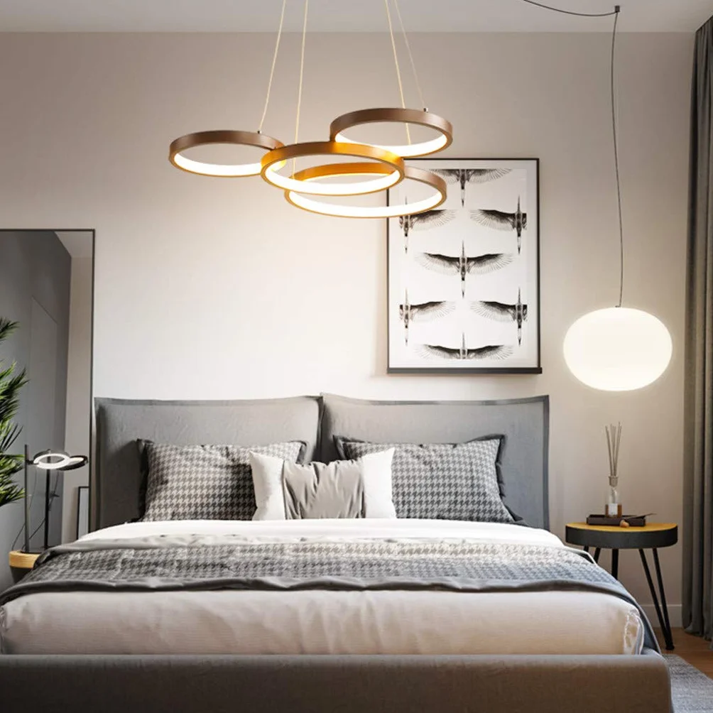Nowoczesna lampa wisząca LED z pilotem zdalnego sterowania, przyciemniana, z regulacją wysokości, żyrandol do salonu, jadalni, biura, sypialni, lampa sufitowa, 60 x 48 cm, 42 W, cztery pierścienie