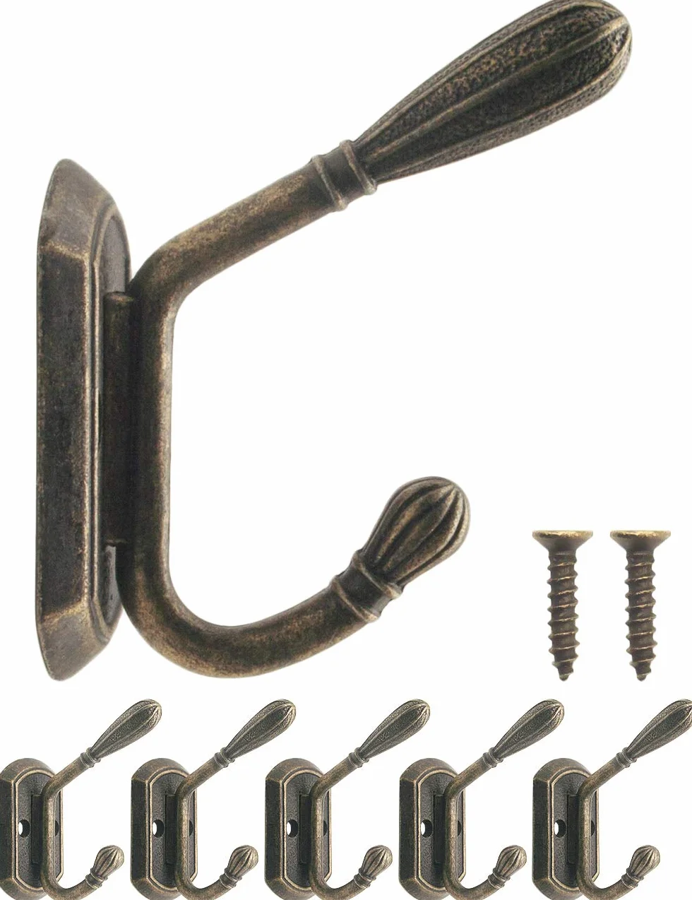FUXXER® – klasyczne wieszaki na ubrania, podwójne haki, wieszaki na ubrania, żelazne haki, metalowe haczyki, żeliwne wzornictwo, styl vintage, styl dworkowy, 60 x 50 mm, zestaw 5 sztuk, brąz