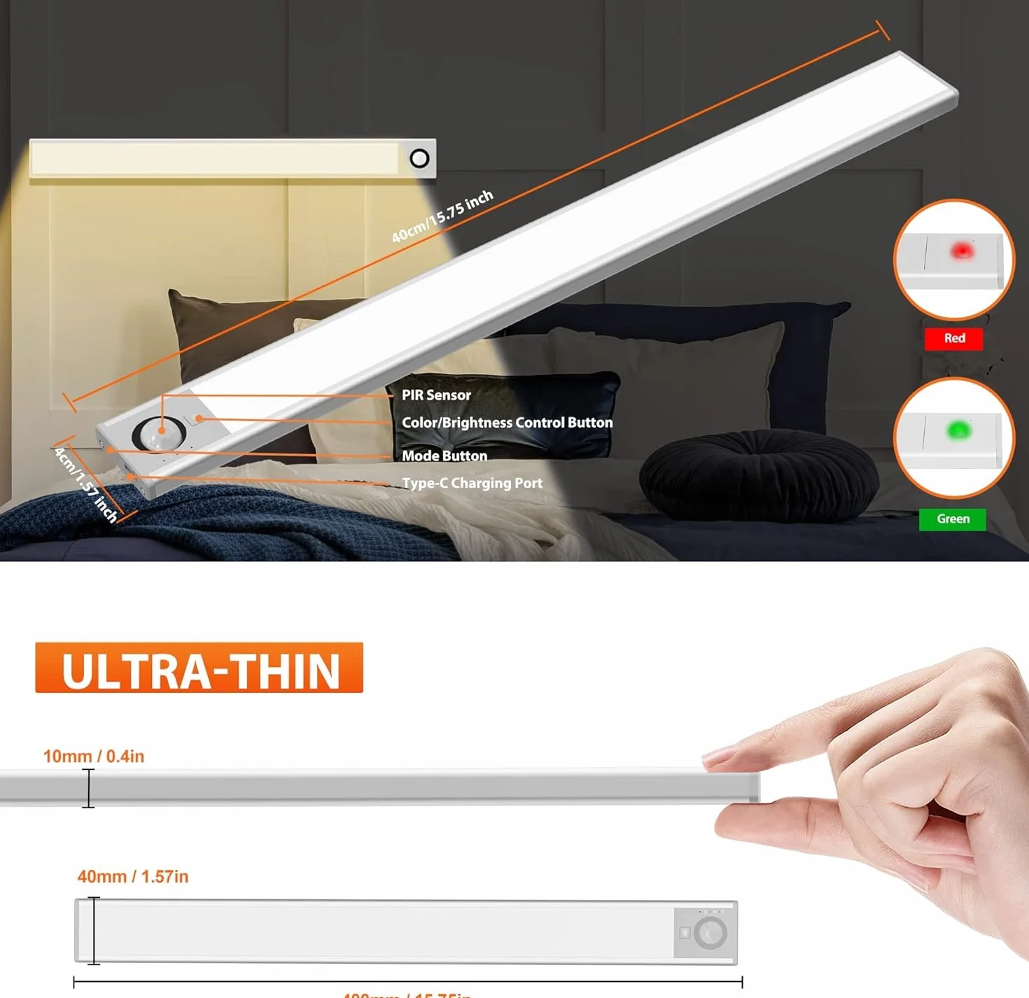 FLOWood 40CM Oświetlenie podszafkowe do kuchni 140LED z czujnikiem ruchu, oświetlenie szafek 300LM z pilotem zdalnego sterowania, ściemnianie 3 tryby kolorów, akumulator USB 3600 mAh(2 szt.)