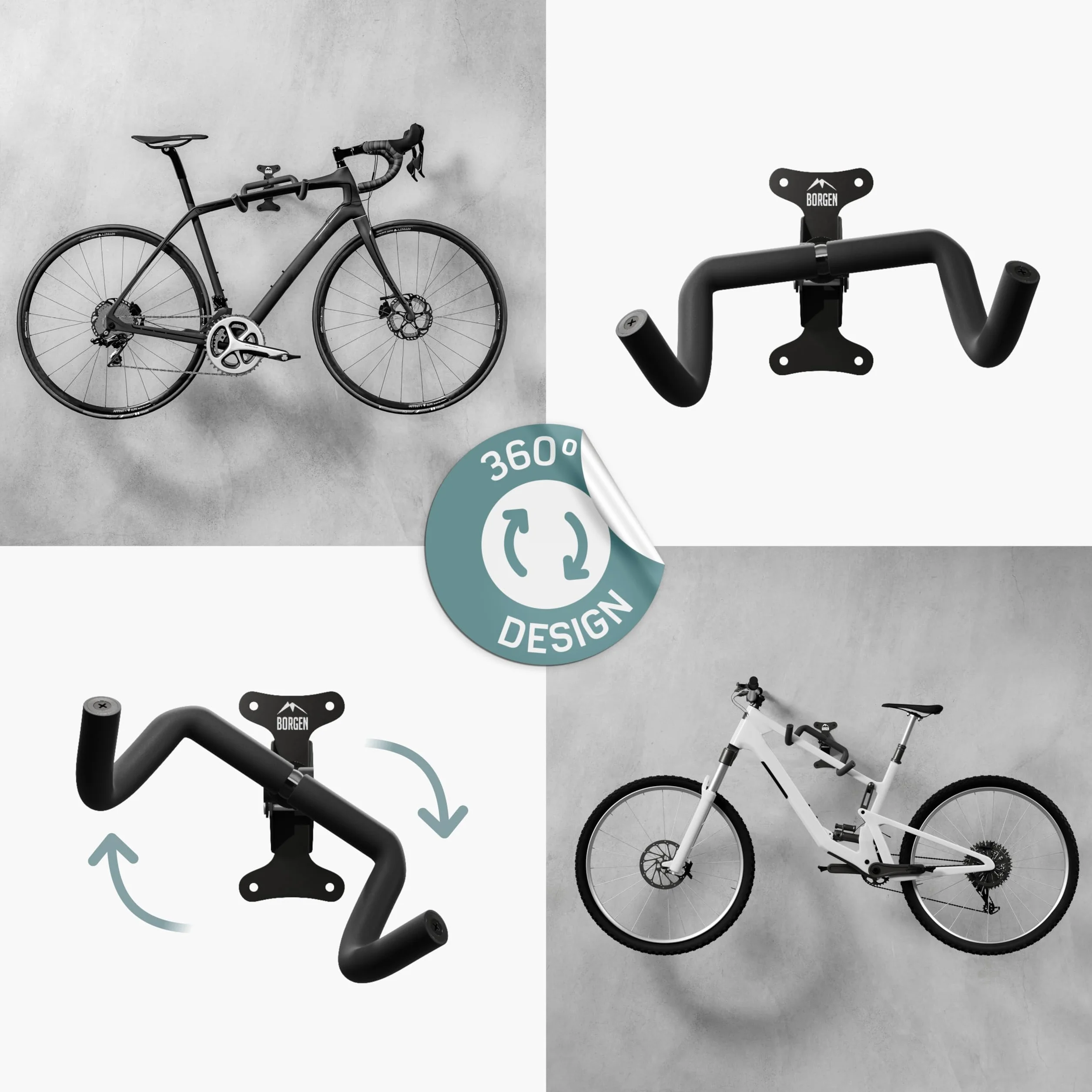 Borgen Uchwyt ścienny do rowerów Uchwyt na rower - regulacja kąta i odległości od ściany, składany, MTB, rower szosowy, uchwyt ścienny na rower - dodatkowa miękka podkładka.
