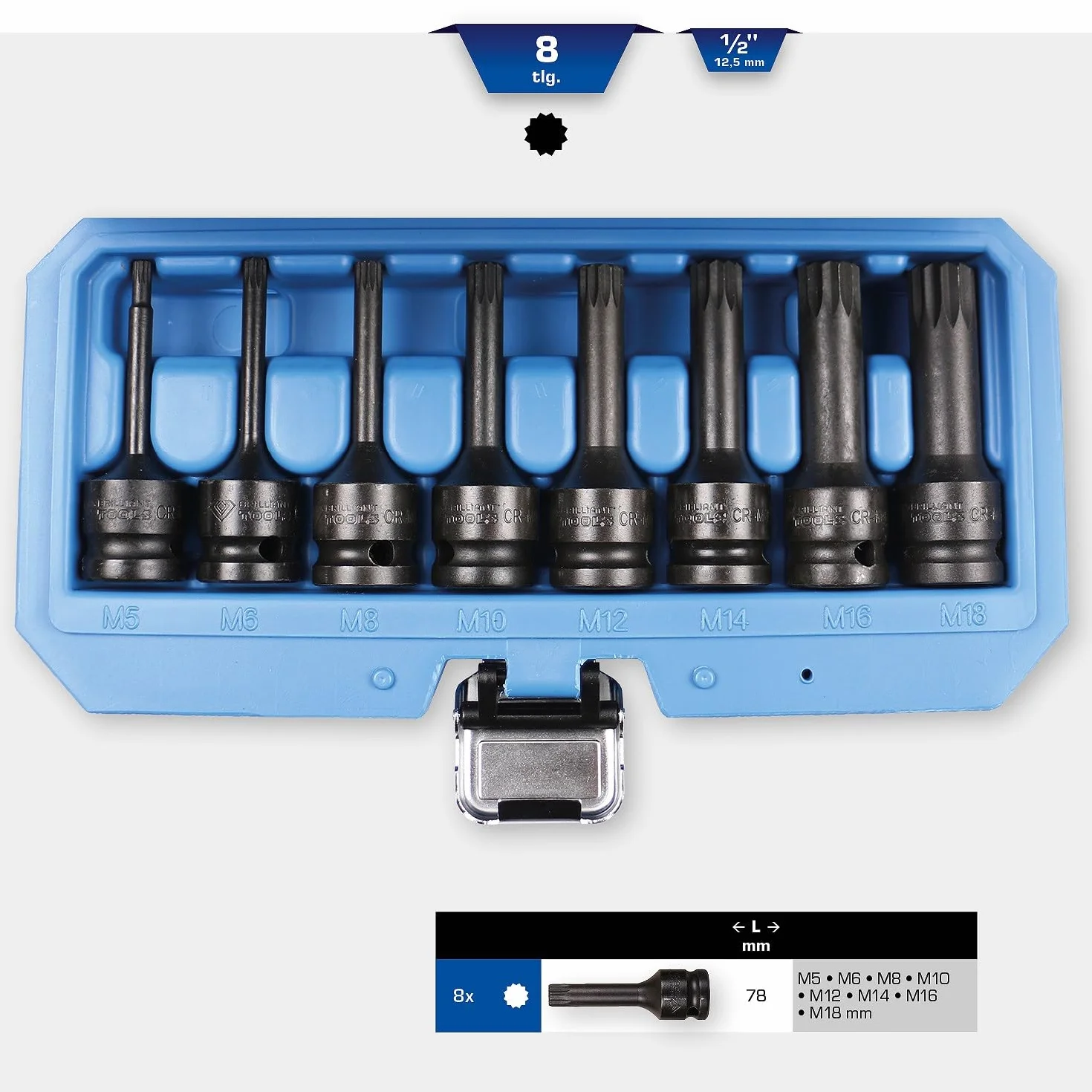 BRILLIANT TOOLS BT022605 1/2" zestaw nasadek nasadowych Kraft-Bit, XZN, 8-TLG, M5-M18 [Powered by KS Tools]