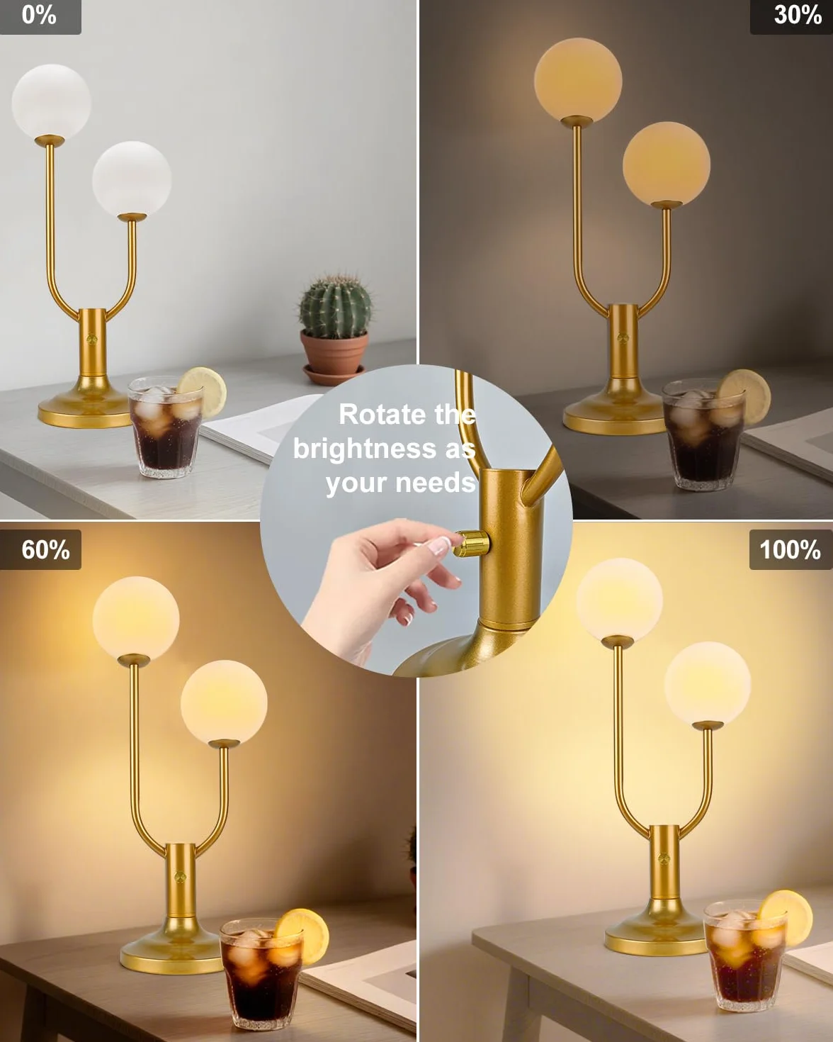 Lampa stołowa ze złotym globusem do sypialni, 2-lekka, z połowy wieku, nowoczesna lampa biurkowa do czytania, 3000 K, ciepła biel, ściemniane lampki nocne, lampa nocna (żarówka G9 w zestawie)