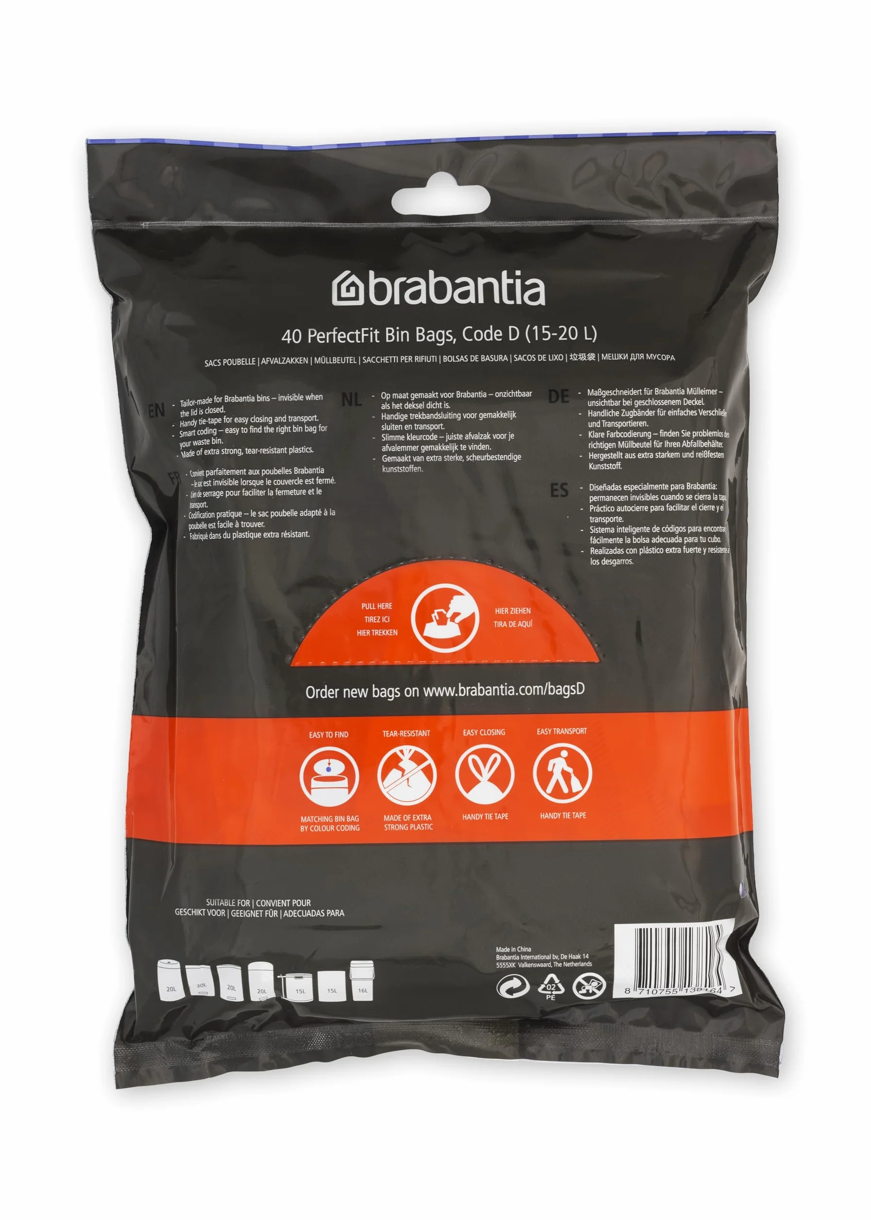 Brabantia PerfectFit Wkładki do pojemników (rozmiar D/15-20 litrów) Grube plastikowe worki na śmieci z uchwytami ze sznurkiem do wiązania (40 torebek)