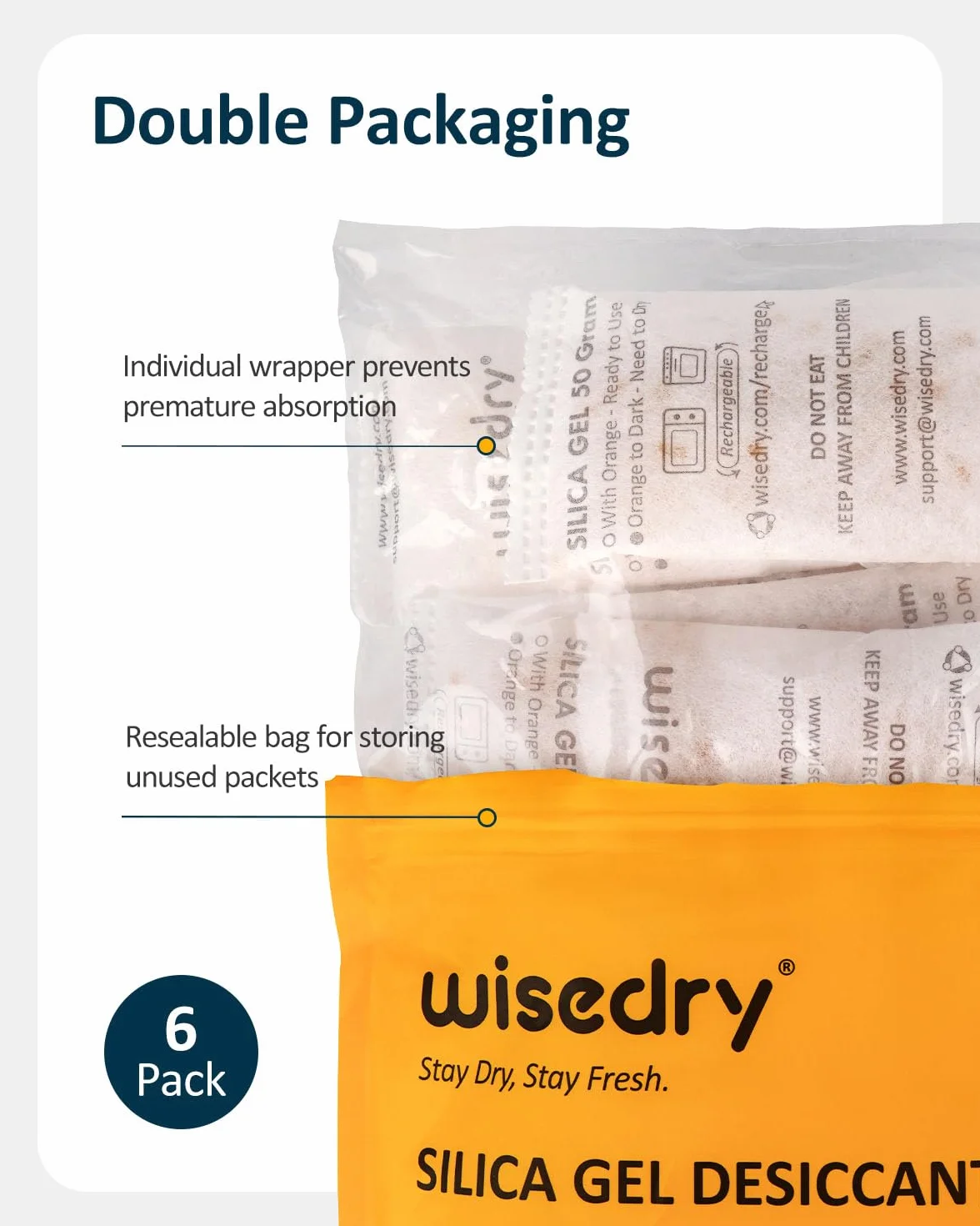 wisedry Odnawialne saszetki z żelem krzemionkowym 50 g (6 opakowań), pomarańczowe koraliki klasy spożywczej, zmieniające kolor, szybko reaktywują silny pochłaniacz wilgoci, do książek, leków, żywności