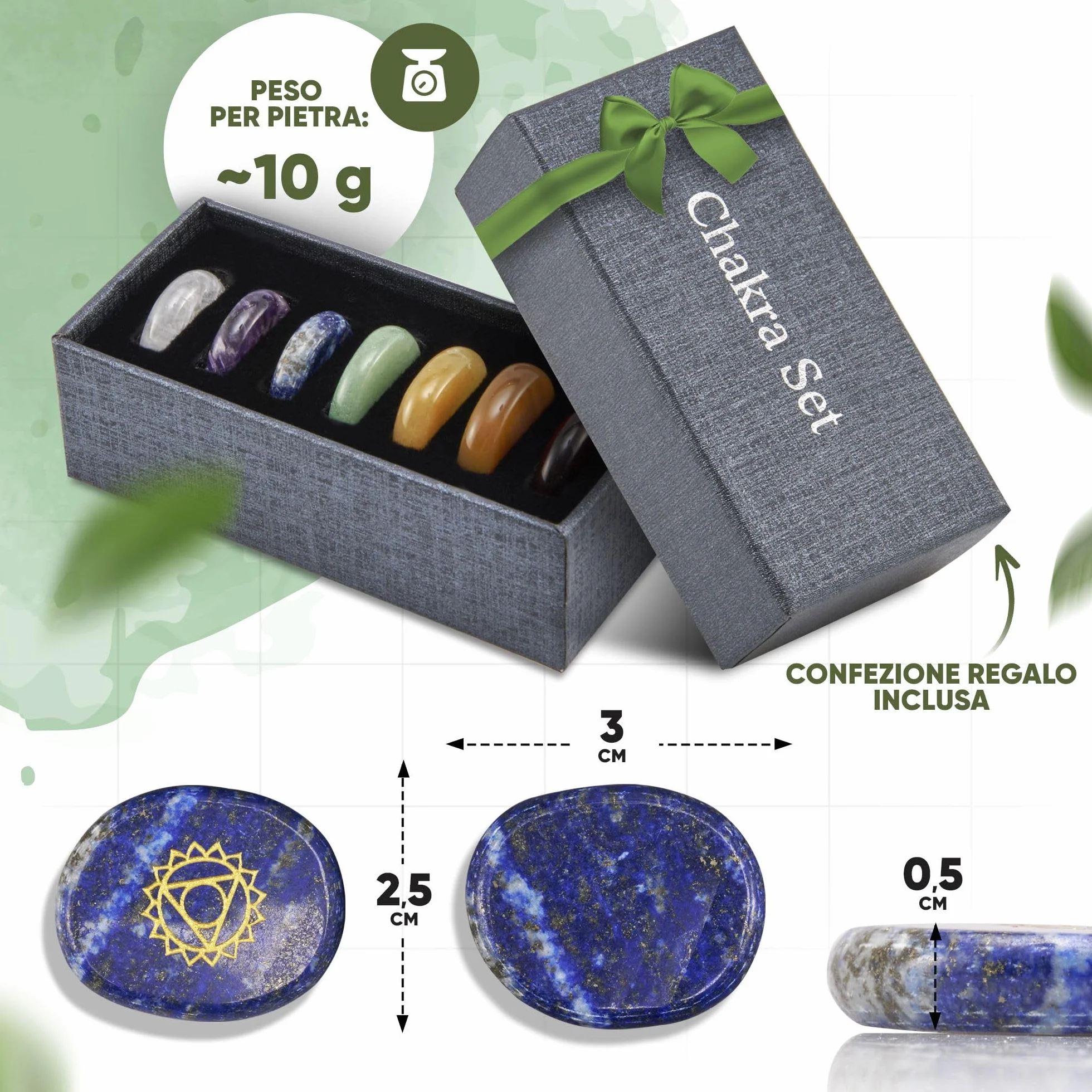 Zestaw czakr premium 7 kamieni szlachetnych z wygrawerowanymi symbolami do medytacji
