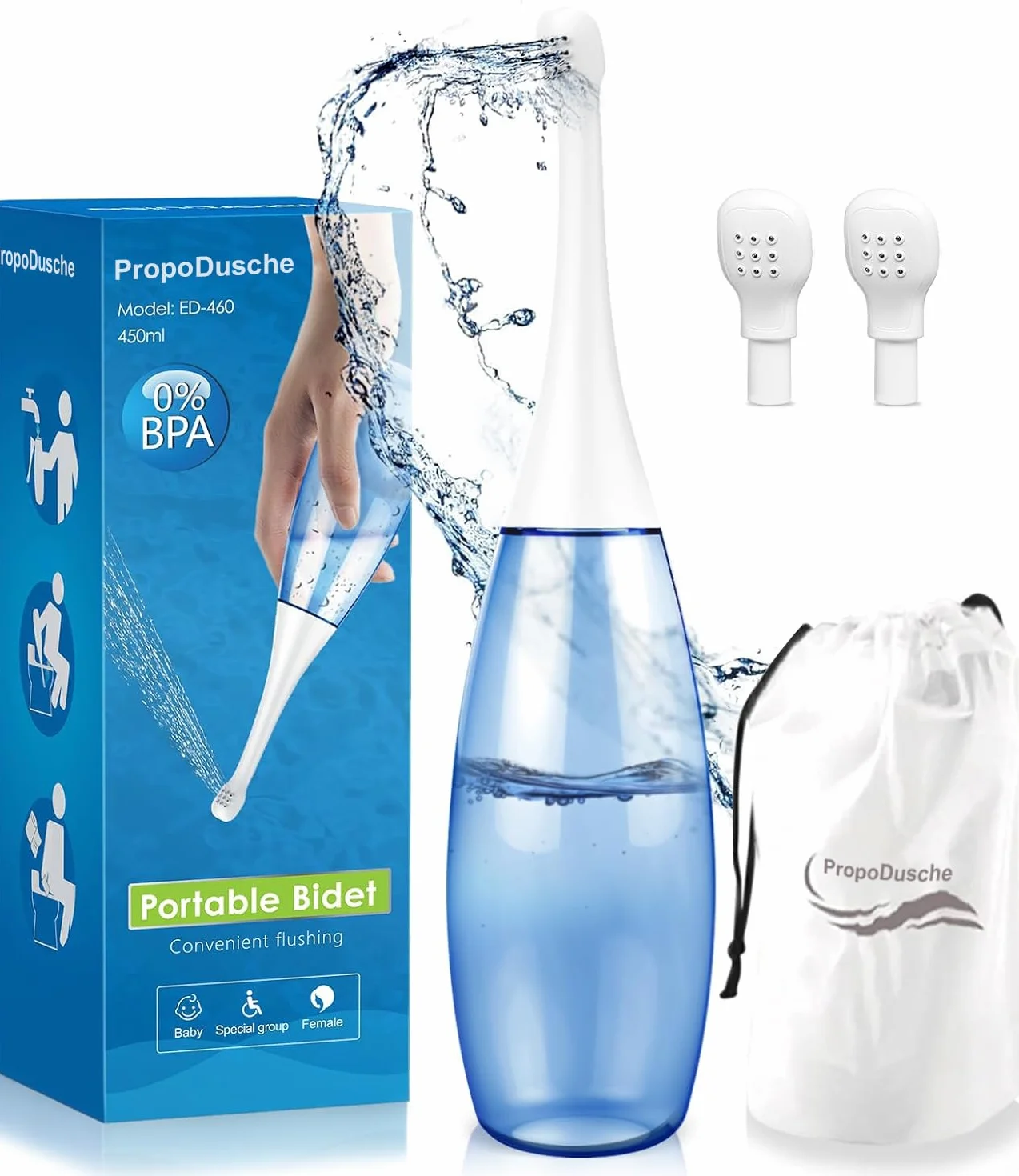 Przenośna toaleta bidetowa 450 ml – ręczny prysznic intymny dla kobiet w ciąży, niebieski