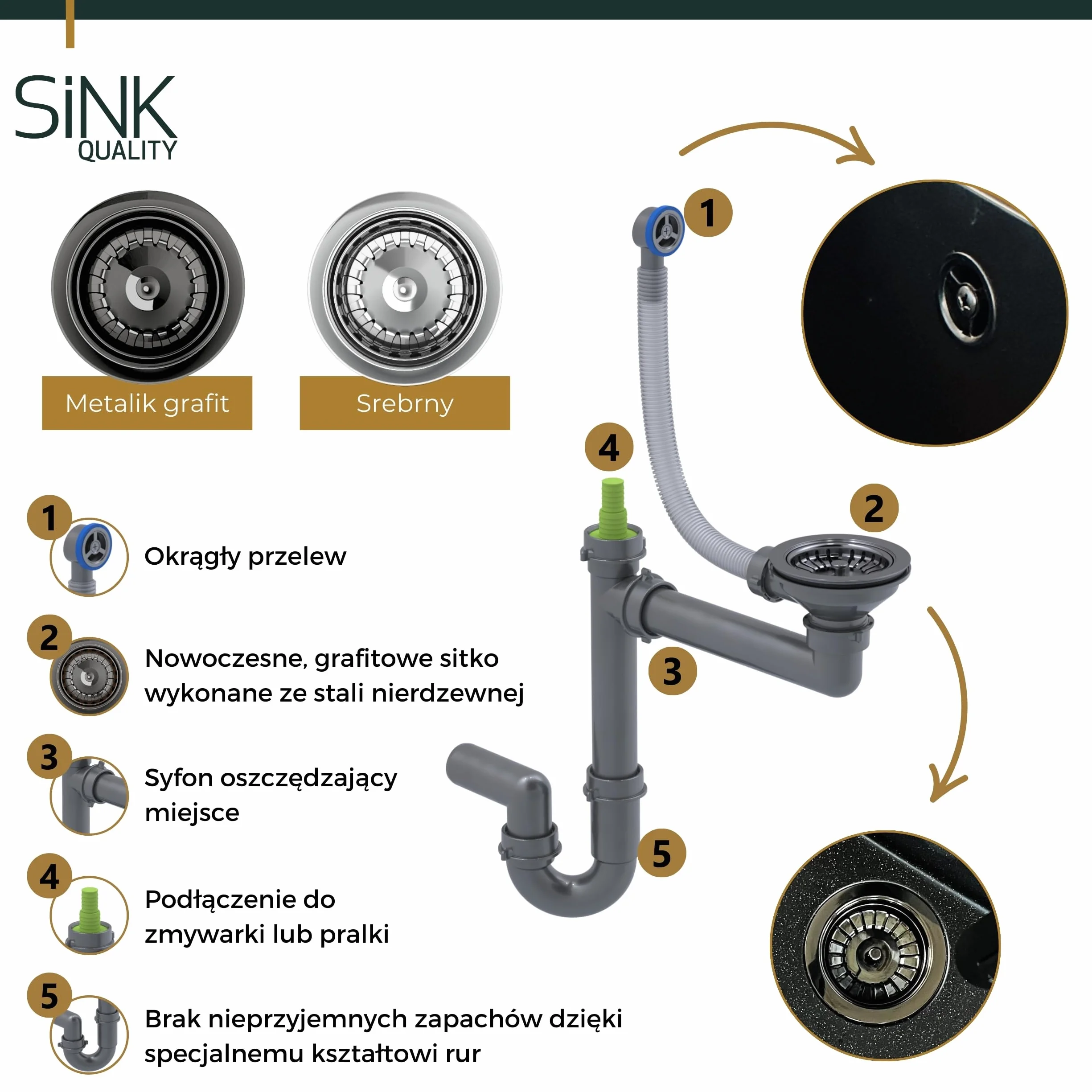 SINK Quality Zlewozmywak Jednokomorowy Czarny 56x51 cm - W zestawie syfon grafitowy i impregnat - Granitowy Zlew Kuchenny do szafki o szerokości od 60 cm