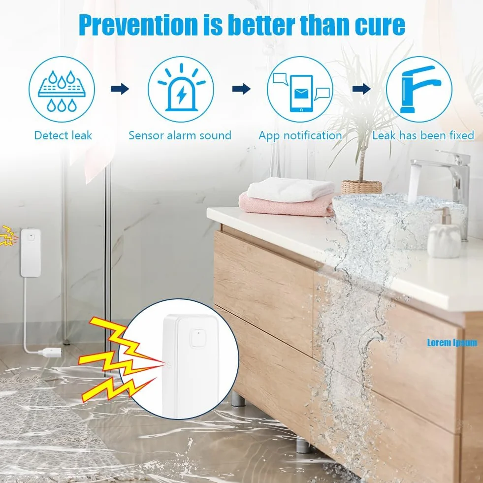 Flintronic Detektor wycieku wody Wi-Fi, inteligentny czujnik wycieku wody, alarm wody 80 dB z kablem wykrywającym 1 m, zdalne monitorowanie aplikacji, zasilanie baterią AAA, do kuchni, piwnicy,