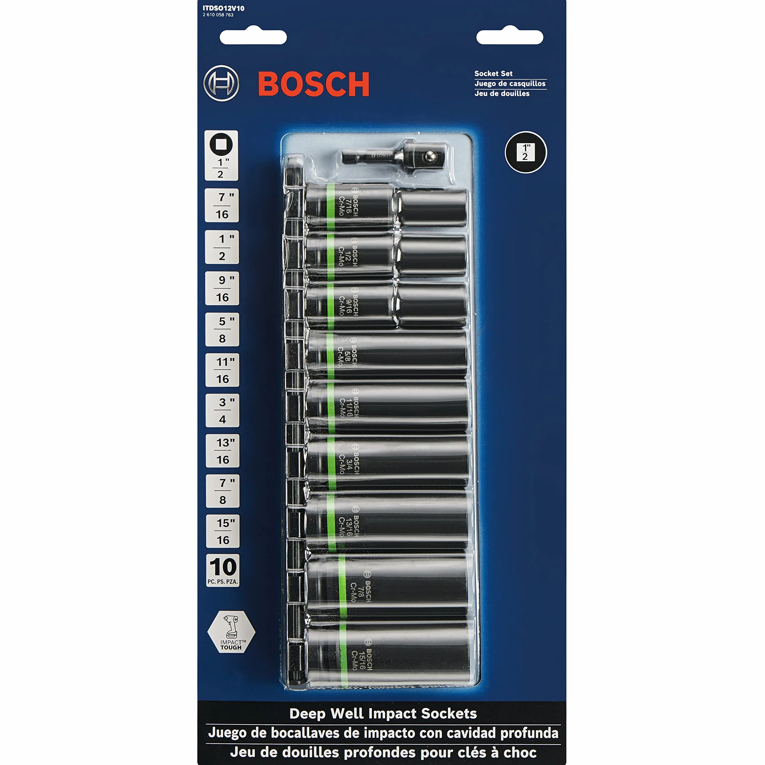 Bosch ITDSO12V10 10 szt. Impact Tough Deep Well Zestaw nasadek 1/5.1 cm z adapterem nasadowym 1/10.2 cm Hex na 1/5.1 cm, czarny