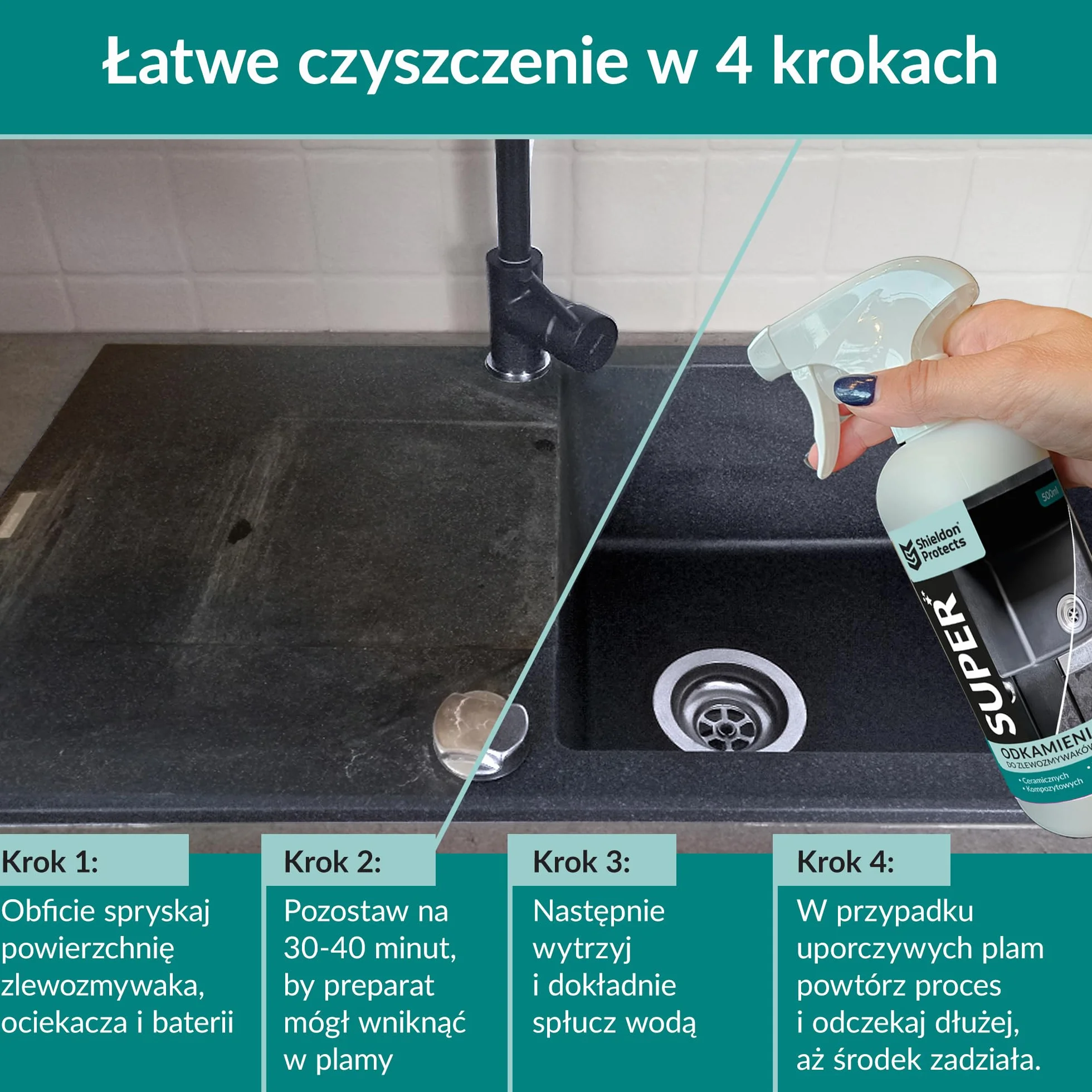Shieldon Protects SUPER – Silny odkamieniacz do zlewozmywaków granitowych i kompozytowych (np. Silgranit, Fragranit), czajnika, armatury, prysznica, WC – usuwa kamień bez szorowania – 500 ml