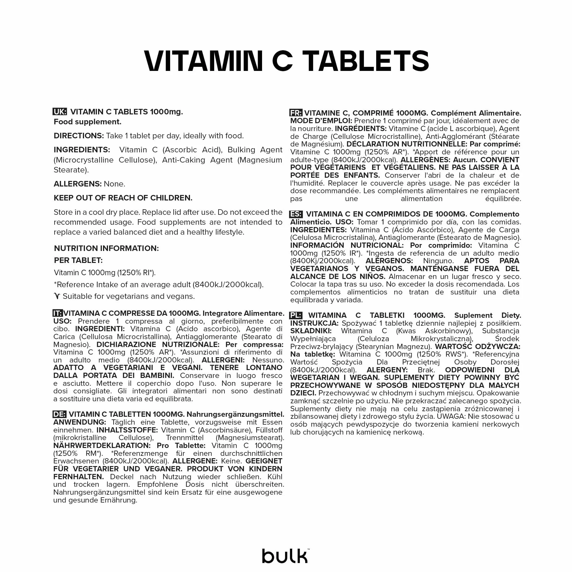 Bulk Witamina C 1000 mg w tabletkach, 1000 mg, wysoka moc, 90 Tabletki, 90 porcji