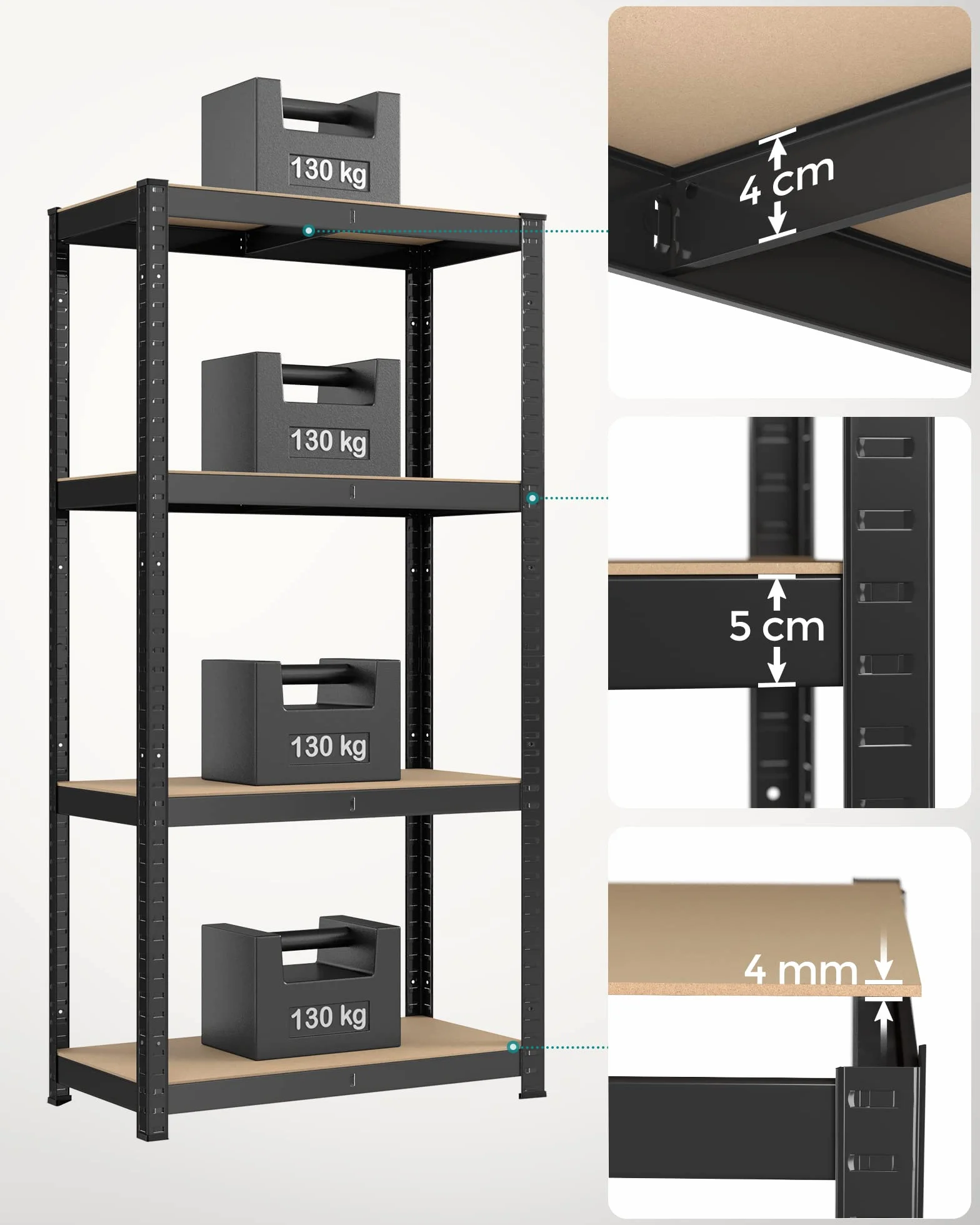SONGMICS Regał 4-poziomowy, zestaw 2 regałów stalowych do przechowywania, montaż bezśrubowy, do garażu, szopy, udźwig po 520 kg, 40 x 80 x 160 cm, czarny GLR044B02