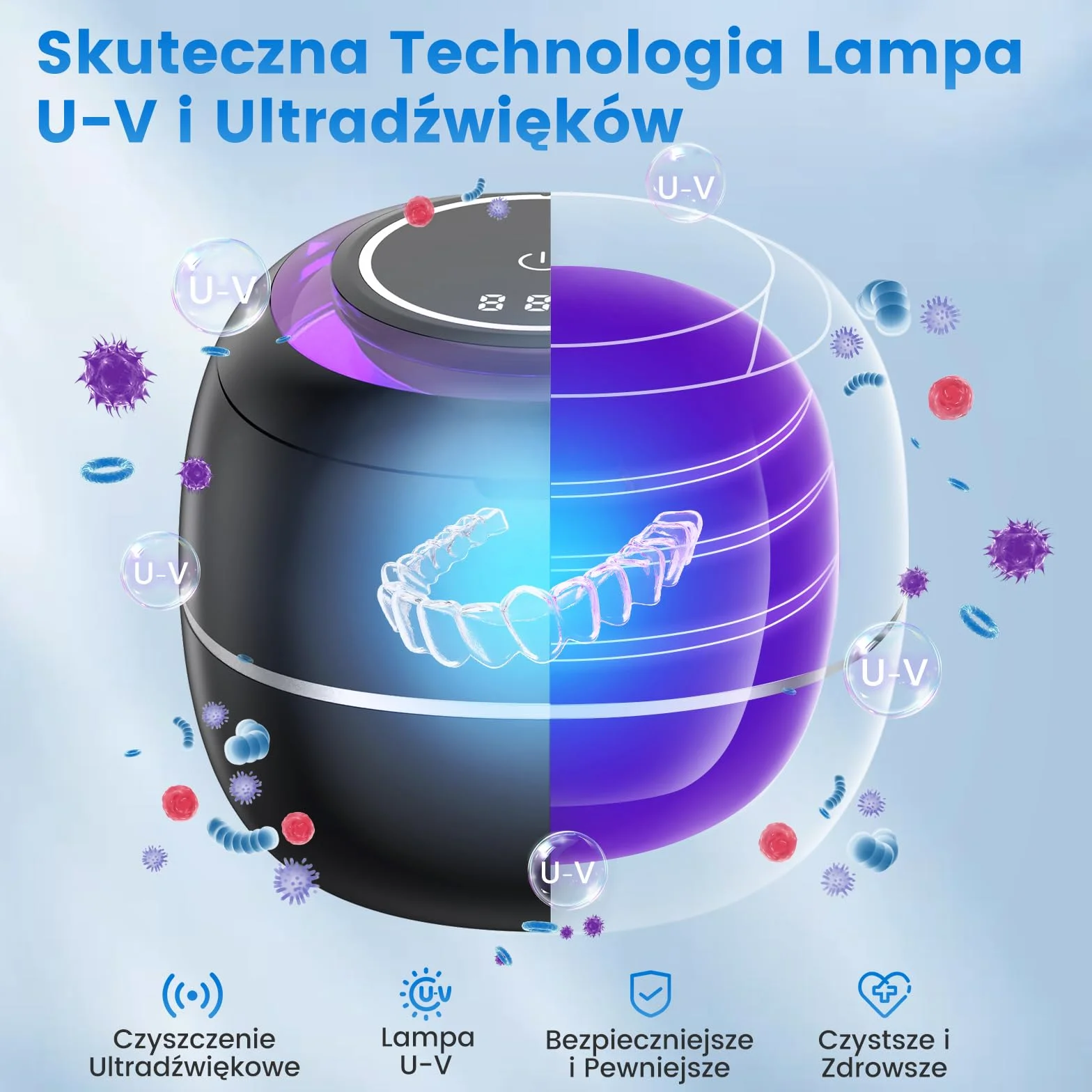 SEANCHEER Urządzenie Do Czyszczenia Ultradźwiękowego | 48000Hz | 24W | 180ML | Czyścik Ultradźwiękowy z lampą UV Do | Protez | Retainerów | Alignerów | Szyn Zębowych | Biżuterii | (Czarny)