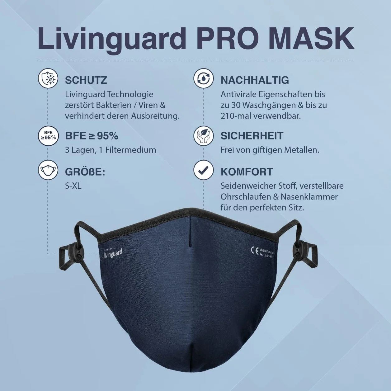 Livinguard – PRO MASK | 3-warstwowa maska na twarz | regulowana, nadaje się do prania, wielokrotnego użytku (rozmiar M, kolor czerwony Cosmic Red)
