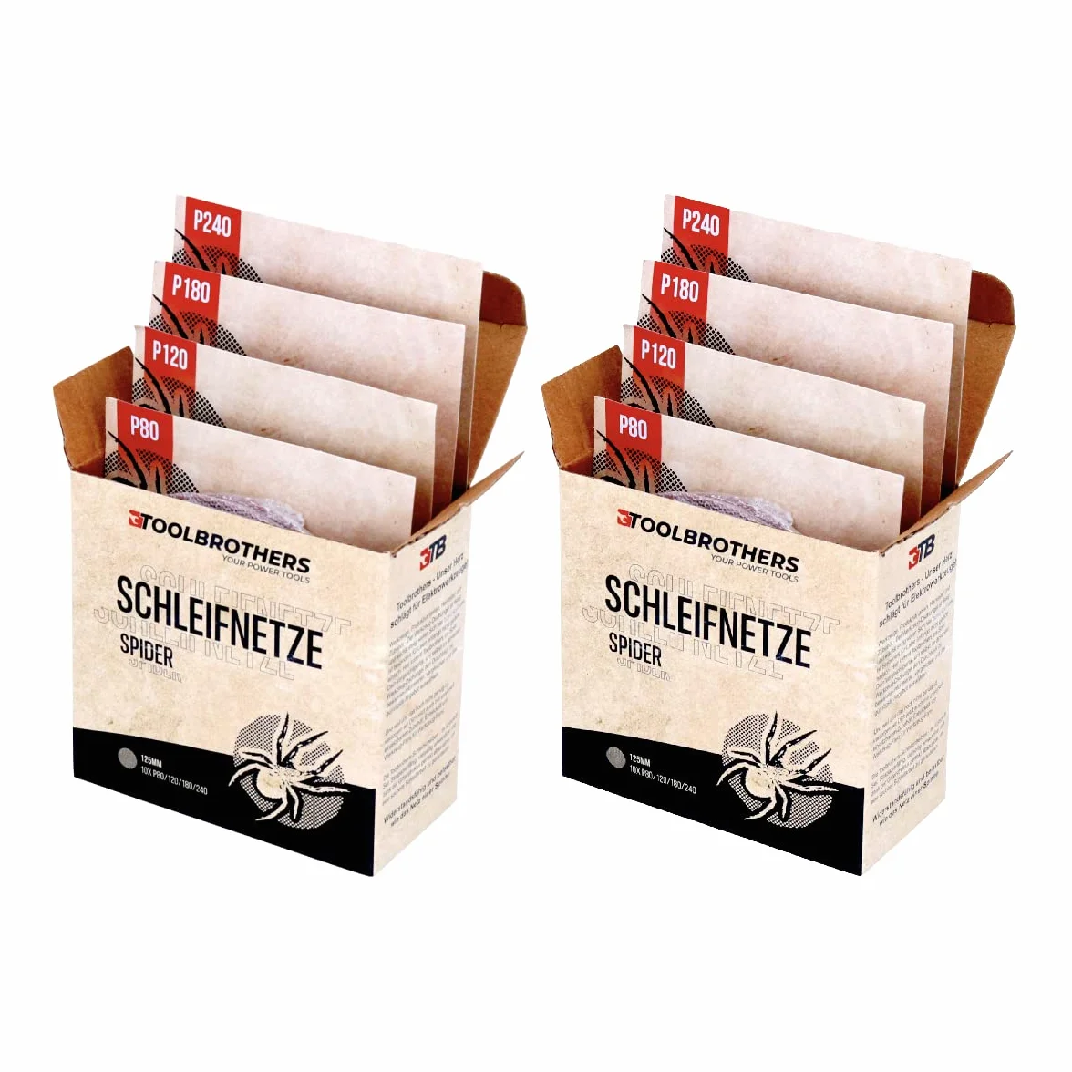 Toolbrothers SPIDER zestaw do szlifowania siatkowego środek ścierny 2 opakowania 80 x siatka szlifierska 125 mm rzep po 20 x P80 / P120 / P180 / 240 do twardego drewna, miękkiego drewna, lakieru, kamienia, stali, aluminium, forniru